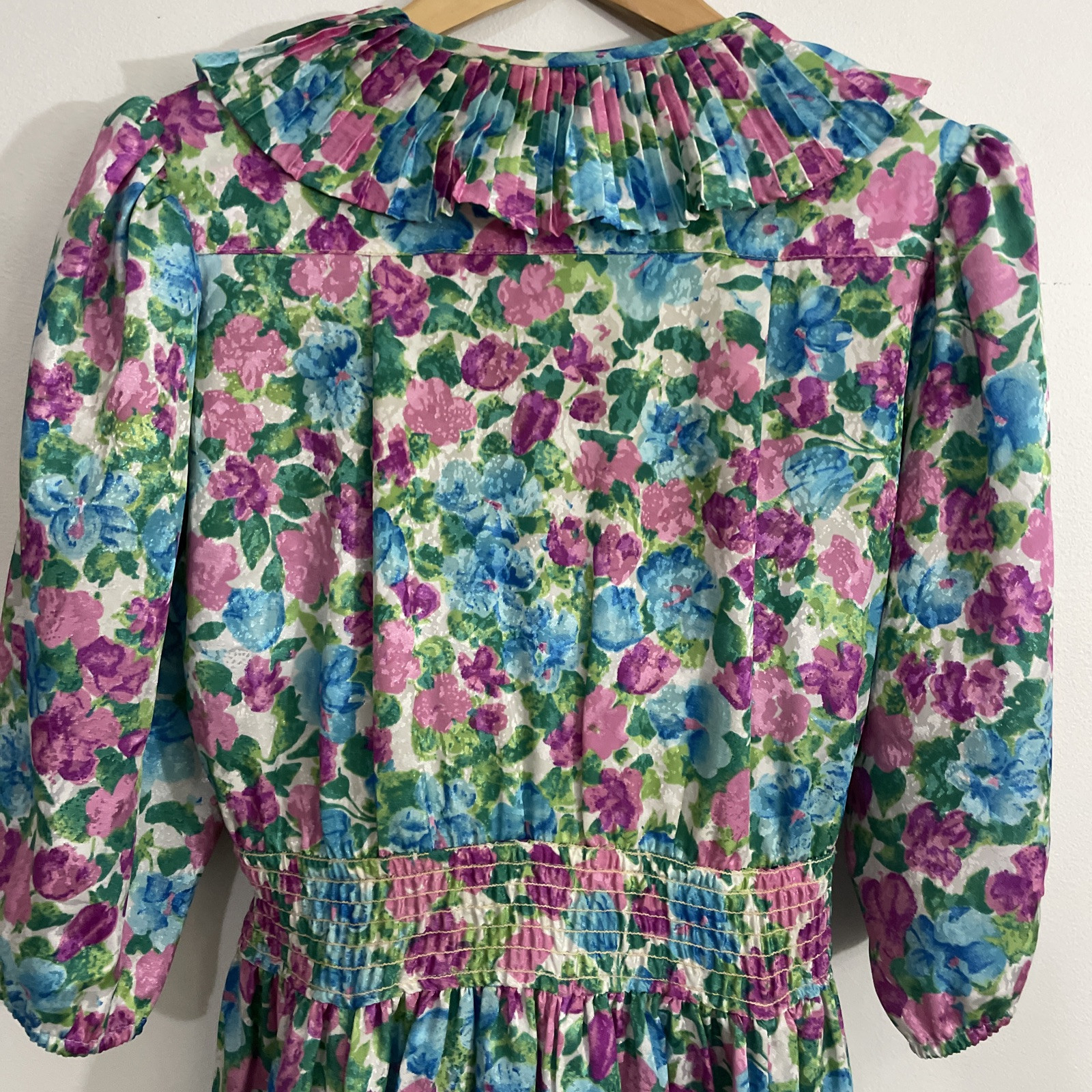 Vintage Susan Freis Floral Ruffled Midi Dress XS Smocked Waist 3/4 Sleeve AOP