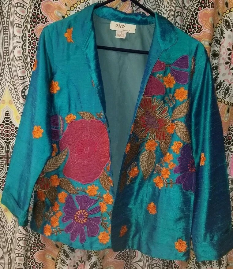 Anu by Natural SZ S Pure Silk Blazer Flowers Teal Turquoise Orange/Magenta