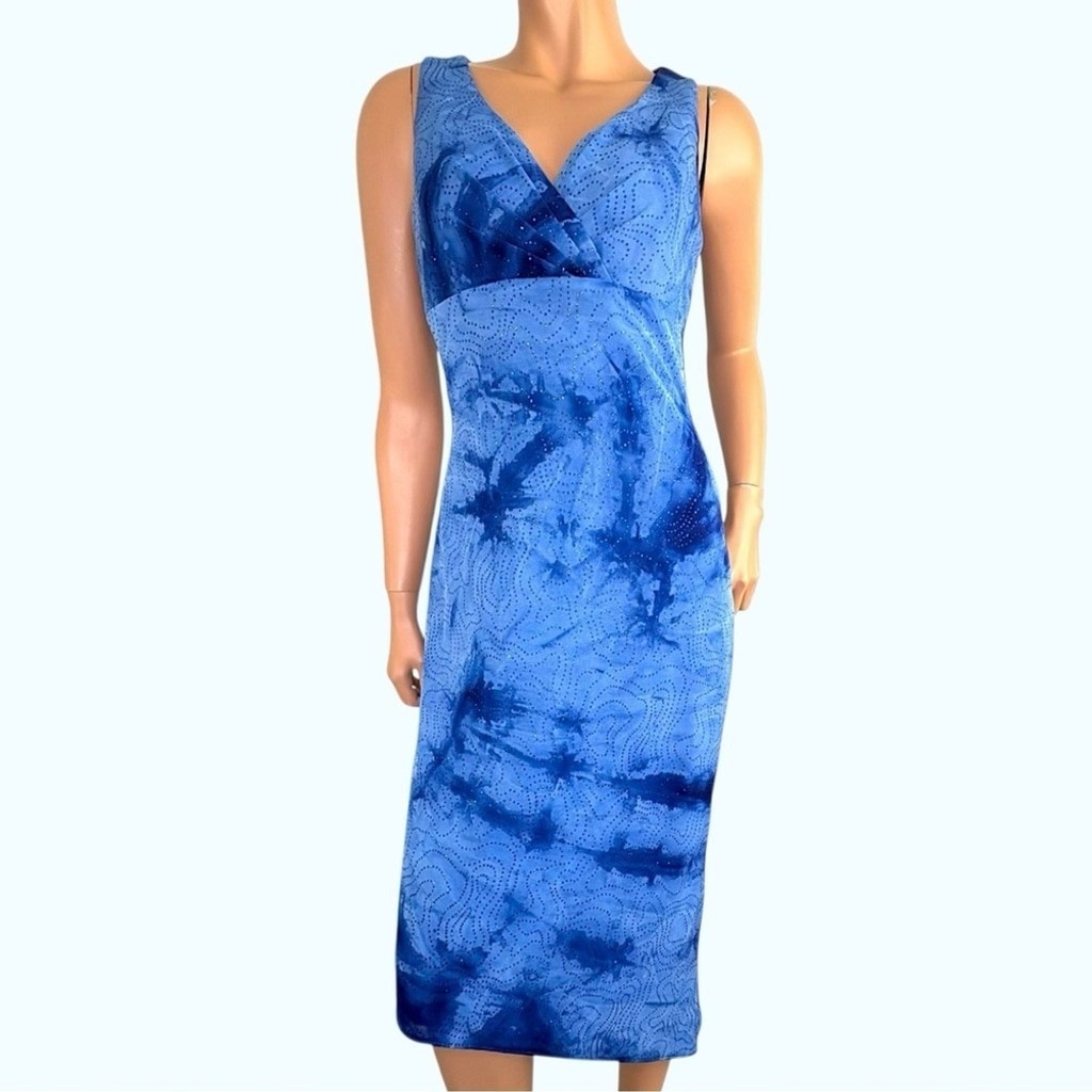 Clique USA Beaded Dress 10 [S] Asymmetric Hem Blue Rhinestones Wedding Guest