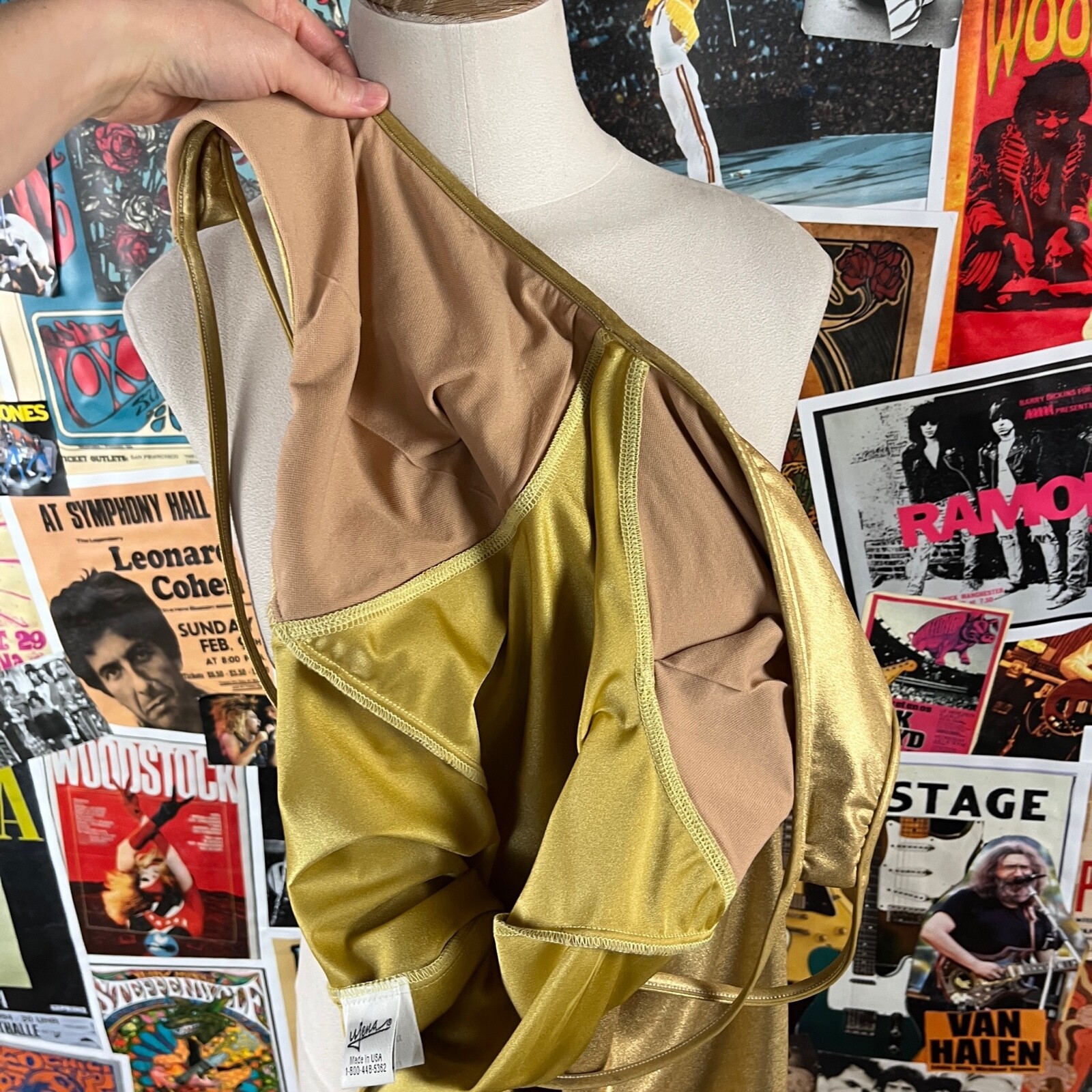 Vtg 90s Metallic Gold Ujena Nylon Spandex Deep V Club Disco Mini Dress Medium
