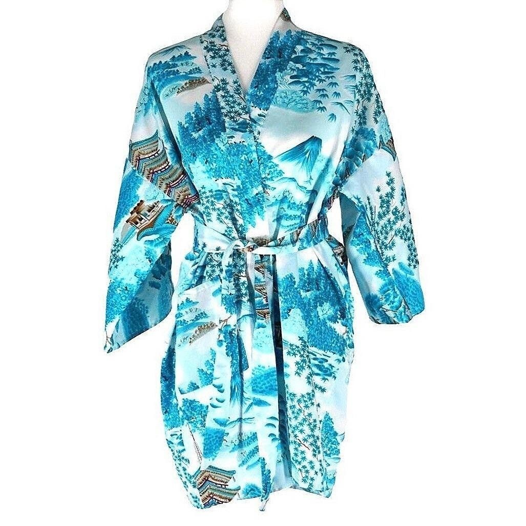 Vintage Japanese Kimono Robe Women Medium Turquoise White Landscape Made Japan