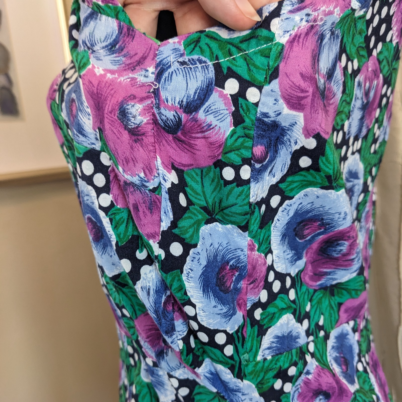 Vintage Handmade Polka Dot Floral Shirt Dress L Button Up Front Cottagecore Midi