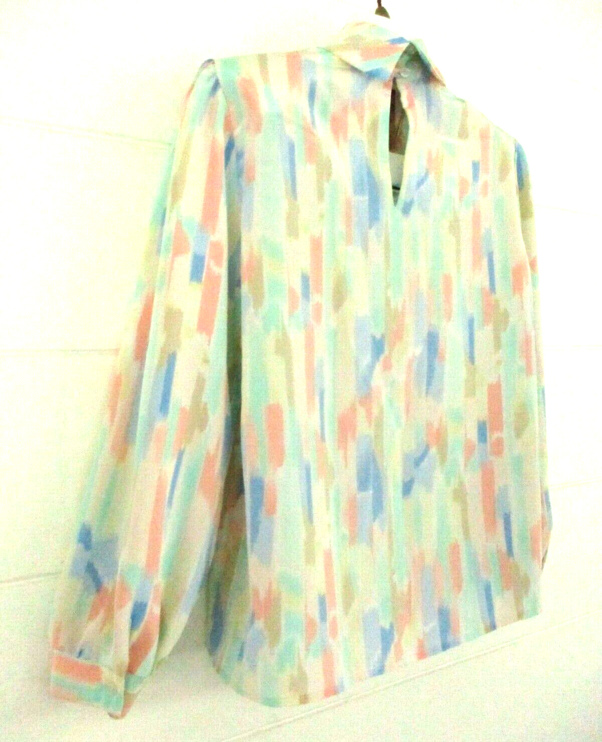 Vtg 1980’s Pastel Multi High-Neck Secretary Blouse Size 16 Striped Puffy Sleeve