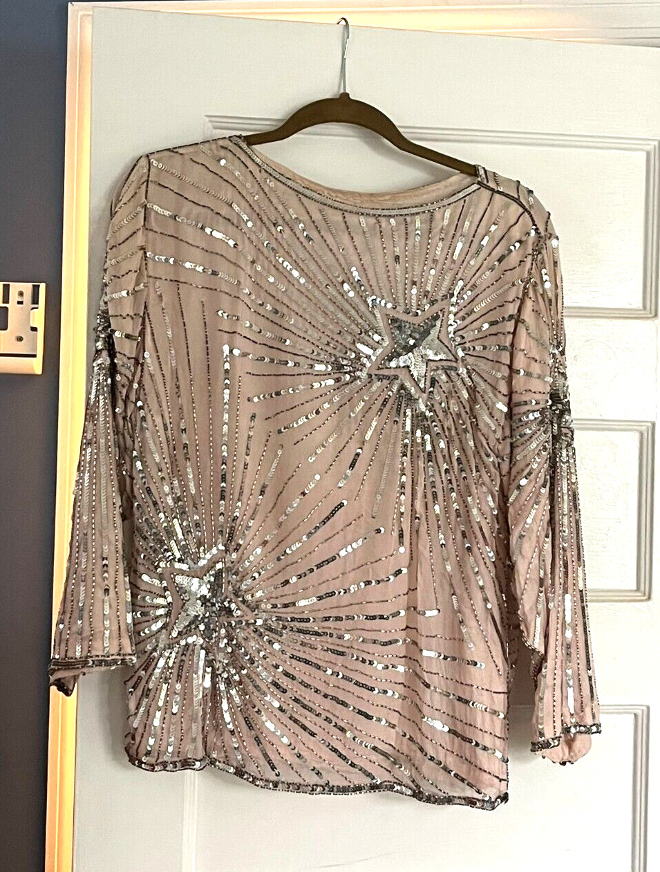 VINTAGE I. MAGNIN MAUVE PINK TOP BLOUSE SILVER SEQUINS & BEADS STAR DESIGN SZ 40