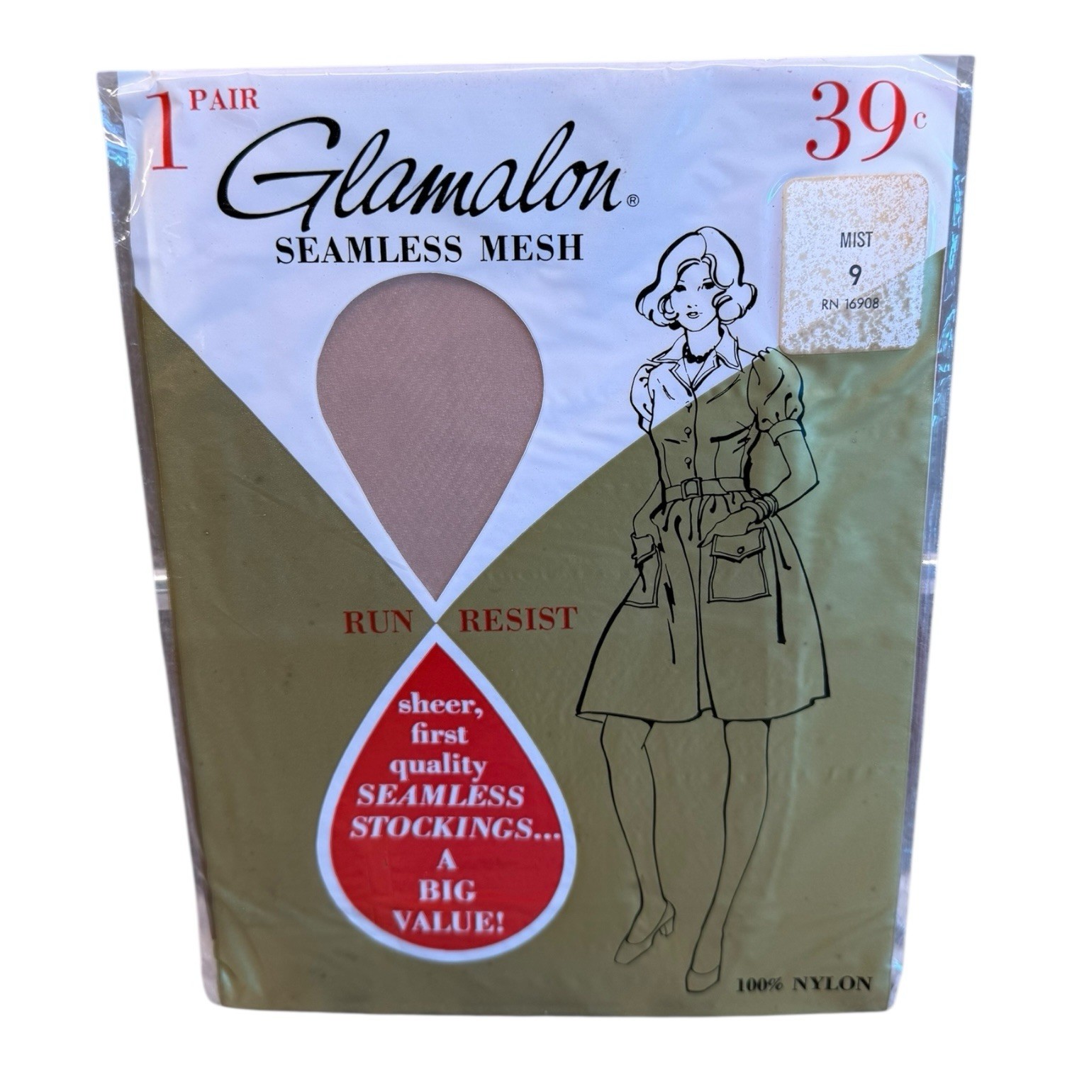 Vintage Glamalon Seamless Mesh Stockings Mist Size 9 Run Resist First Quality