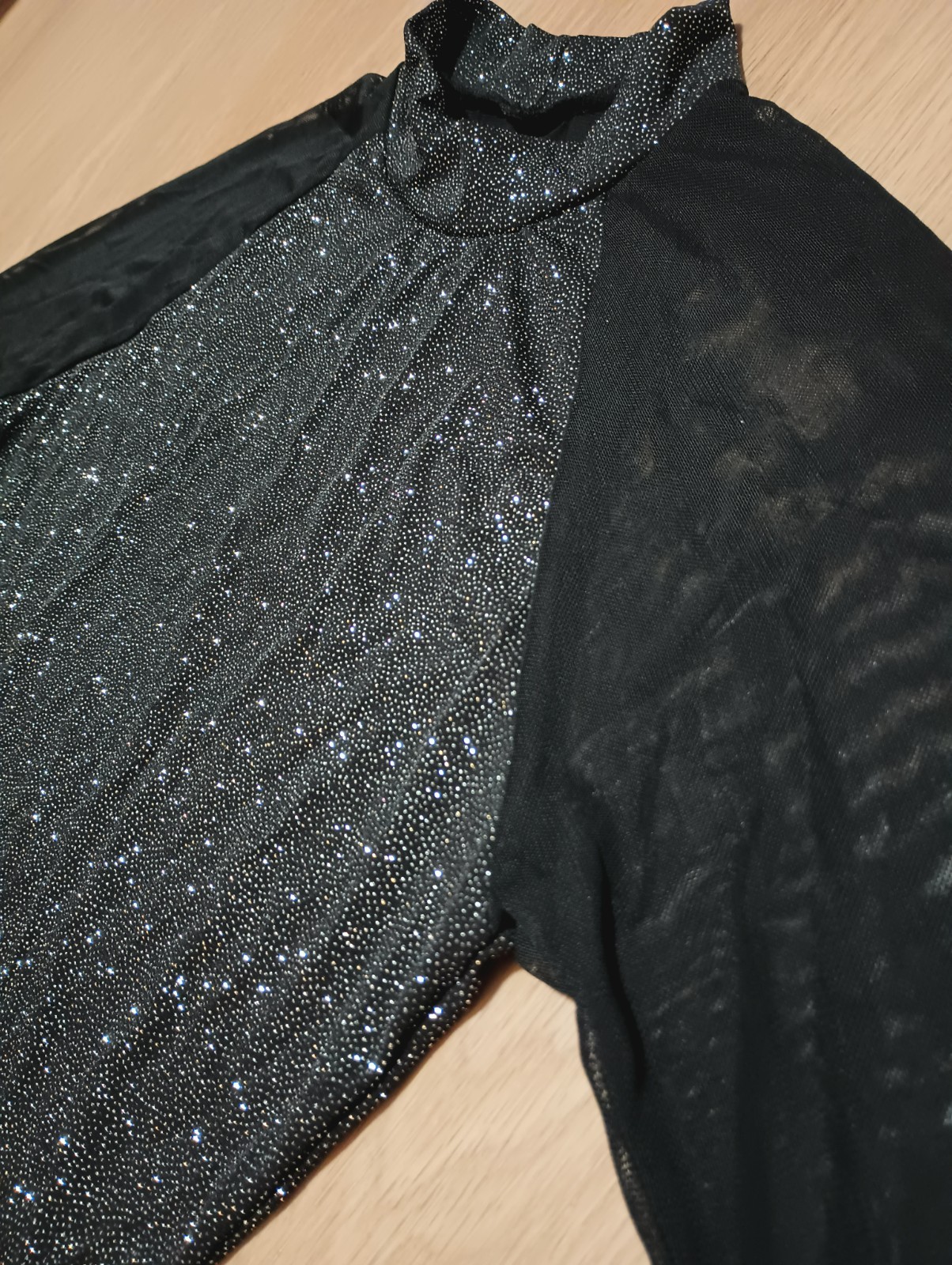 Vtg 80s Stretchy Silver Metallic Glitter Sparkly Sheer Mesh Sleeve Crop Top XS