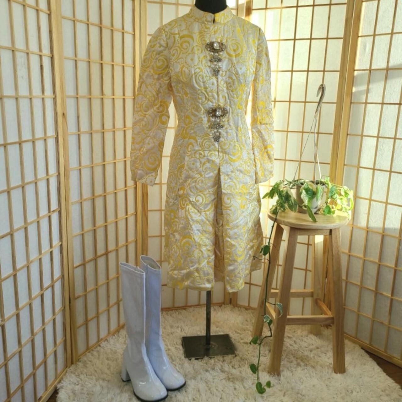 Vtg 60s Yellow Coat Regal Rococo Brocade Beaded
