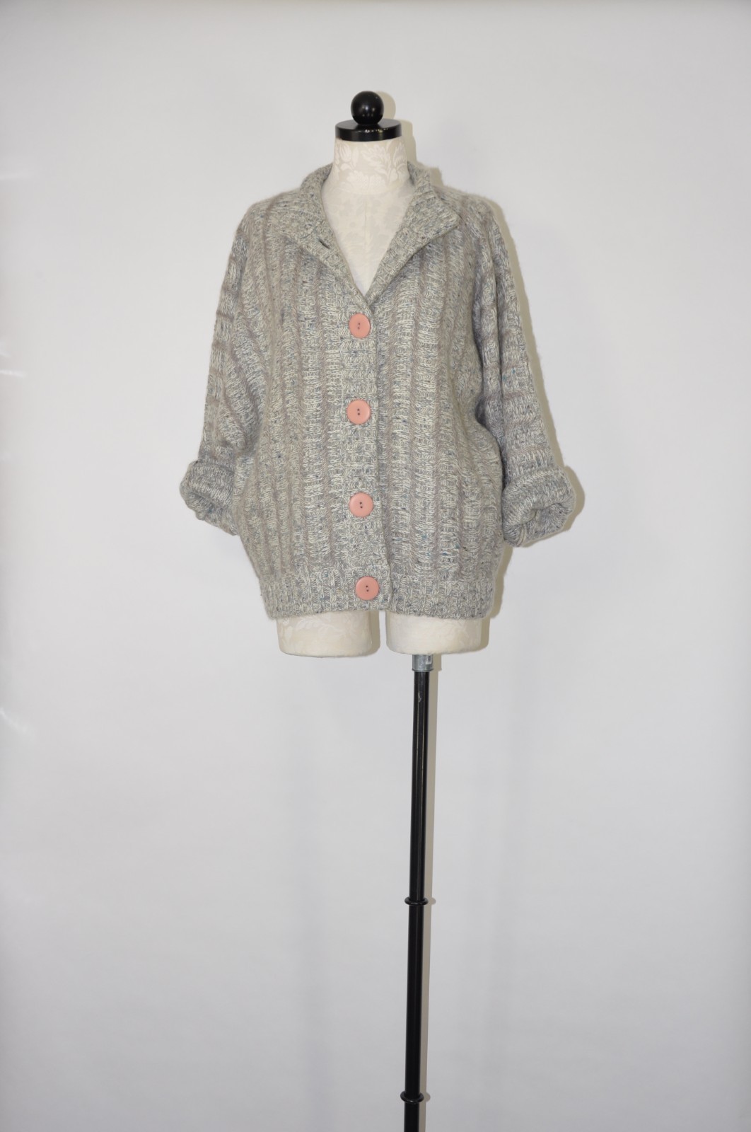 80s Vintage Gray Fuzzy Wool Mohair Buttoned Cardigan Sweater Jacket Women L XL