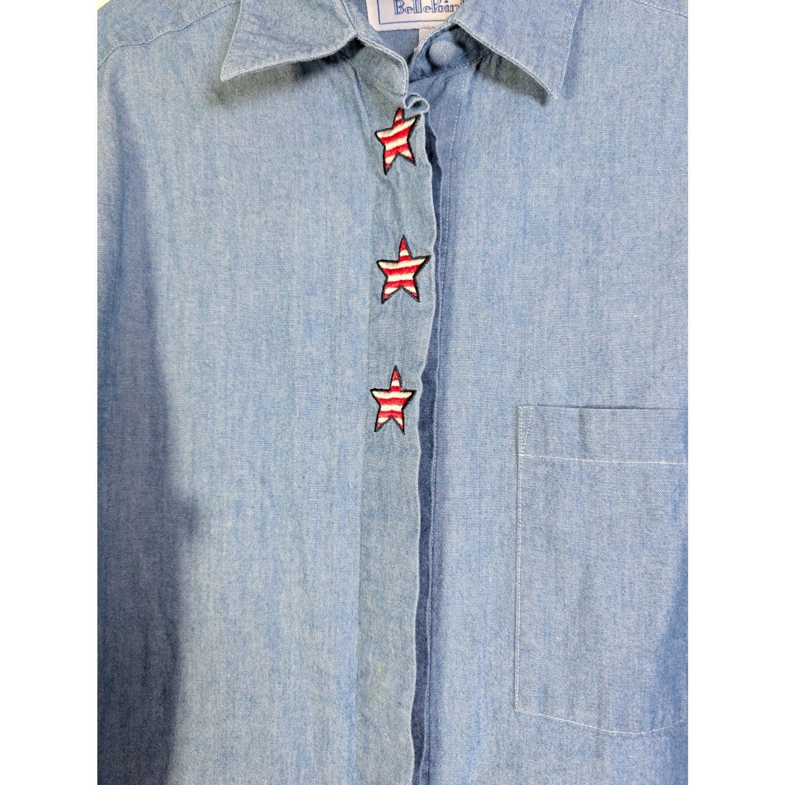 Vintage BellePointe Chambray Shirt Patriotic Star Buttons Americana Cottagecore