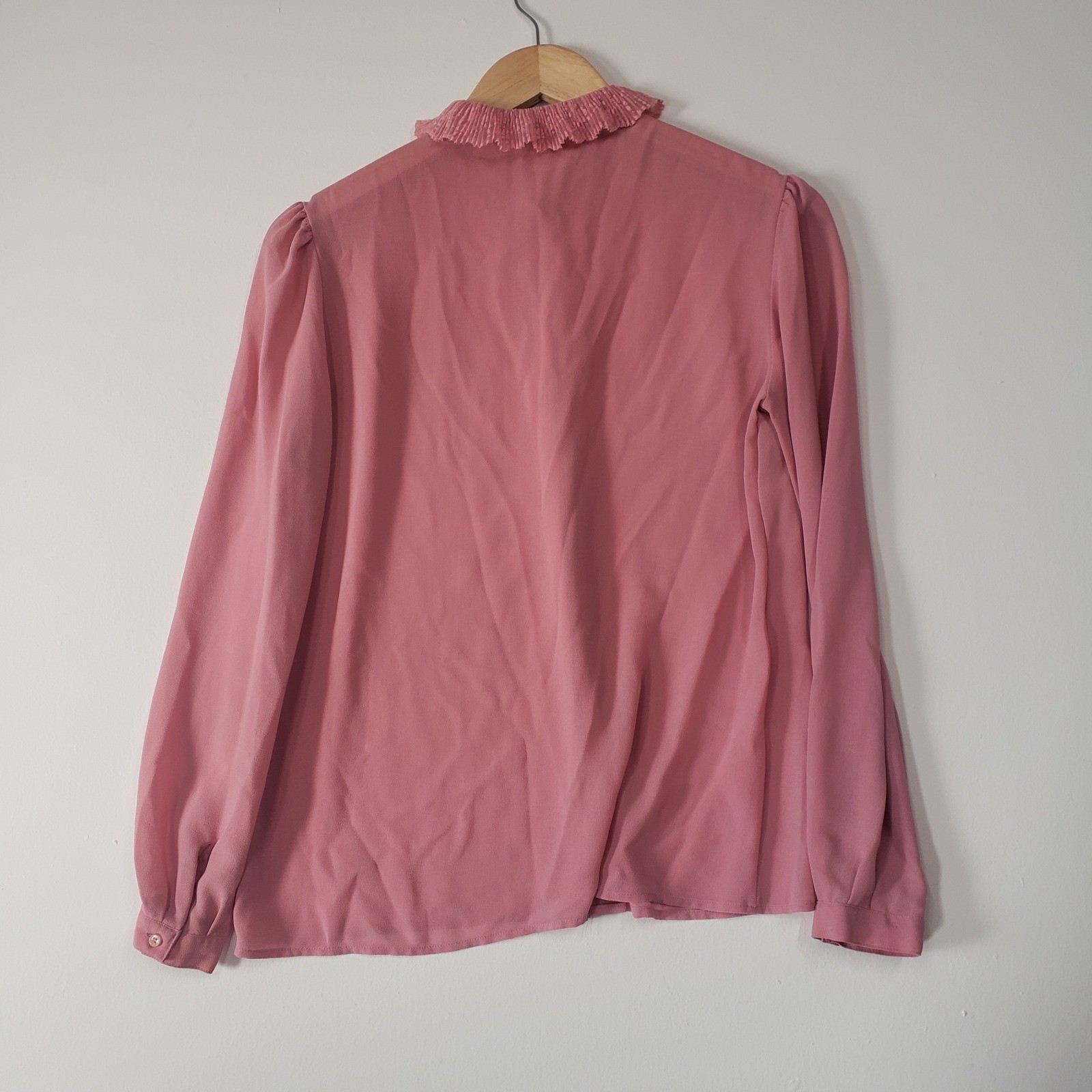 Anne French Ruffle Collar Blouse Womens 6 Pink Vintage 80s Lace Trim Long Sleeve