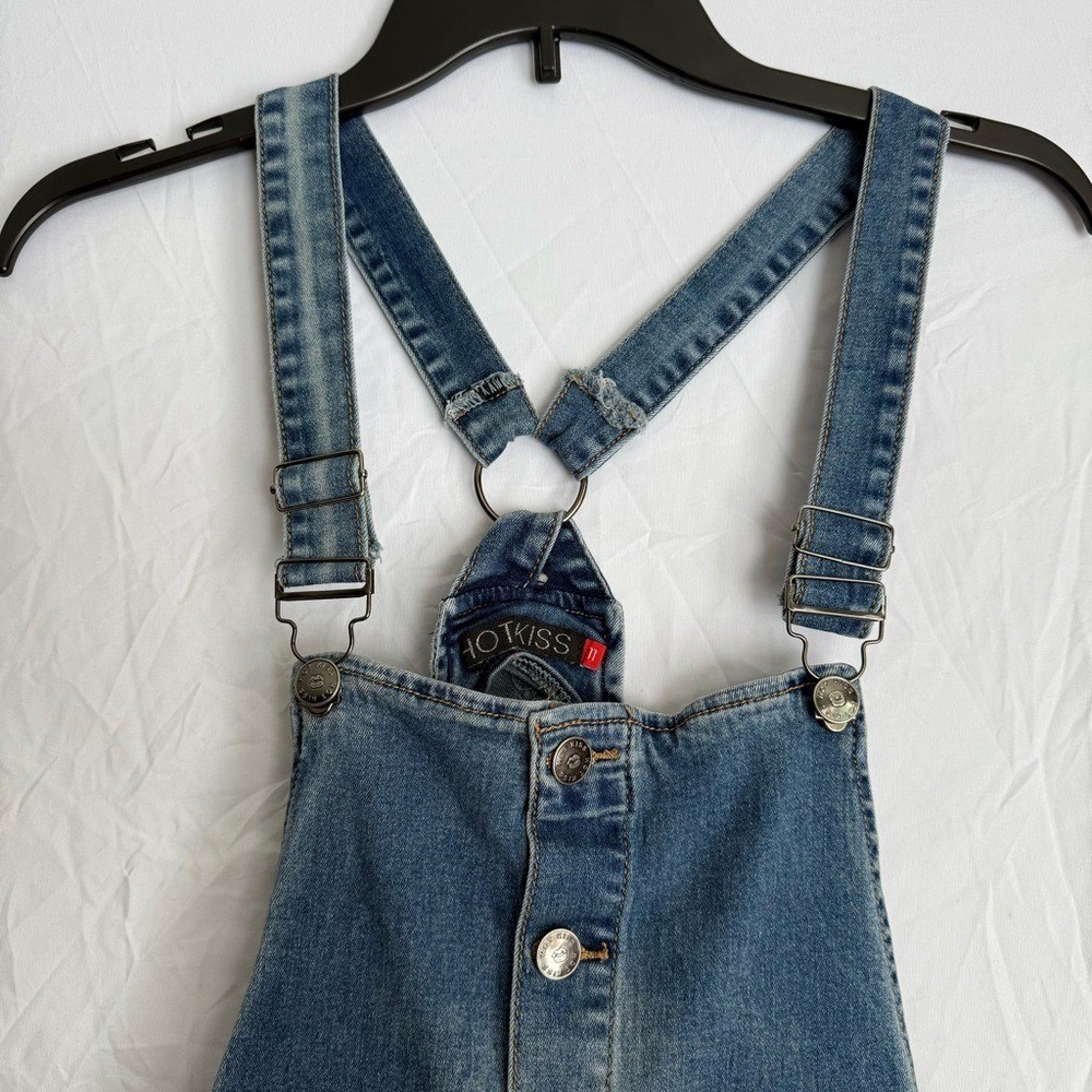 VTG Hot Kiss Y2K Button Down Bib Overall Jean Dress Mini Blue Denim Jumper Sz 11