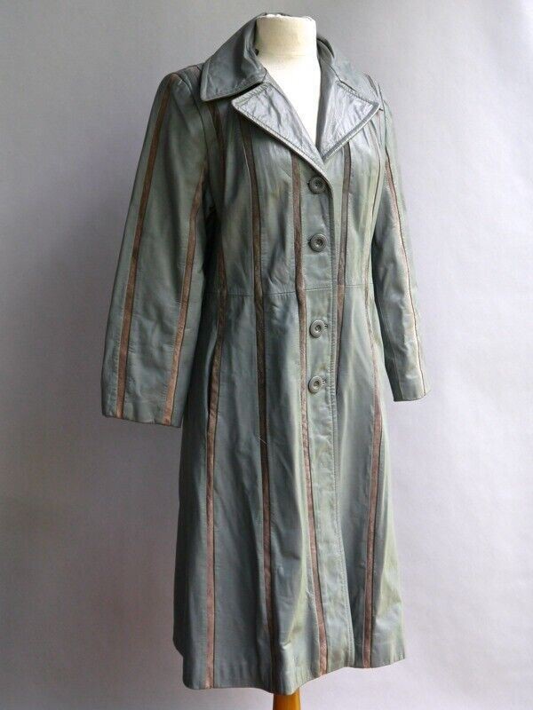 VTG 70s Grey Leather Coat American Hustle Striped w/ Suede Cutout The Tannery M