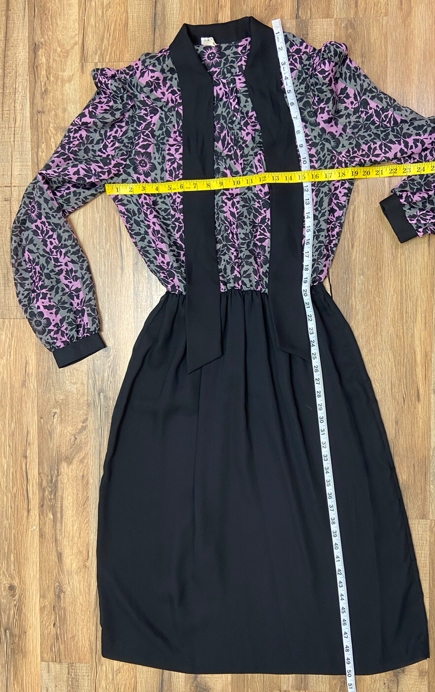 Vintage 60s Sheer Black and Purple Floral Blouson Tie Neck Dress Women’s Size 12