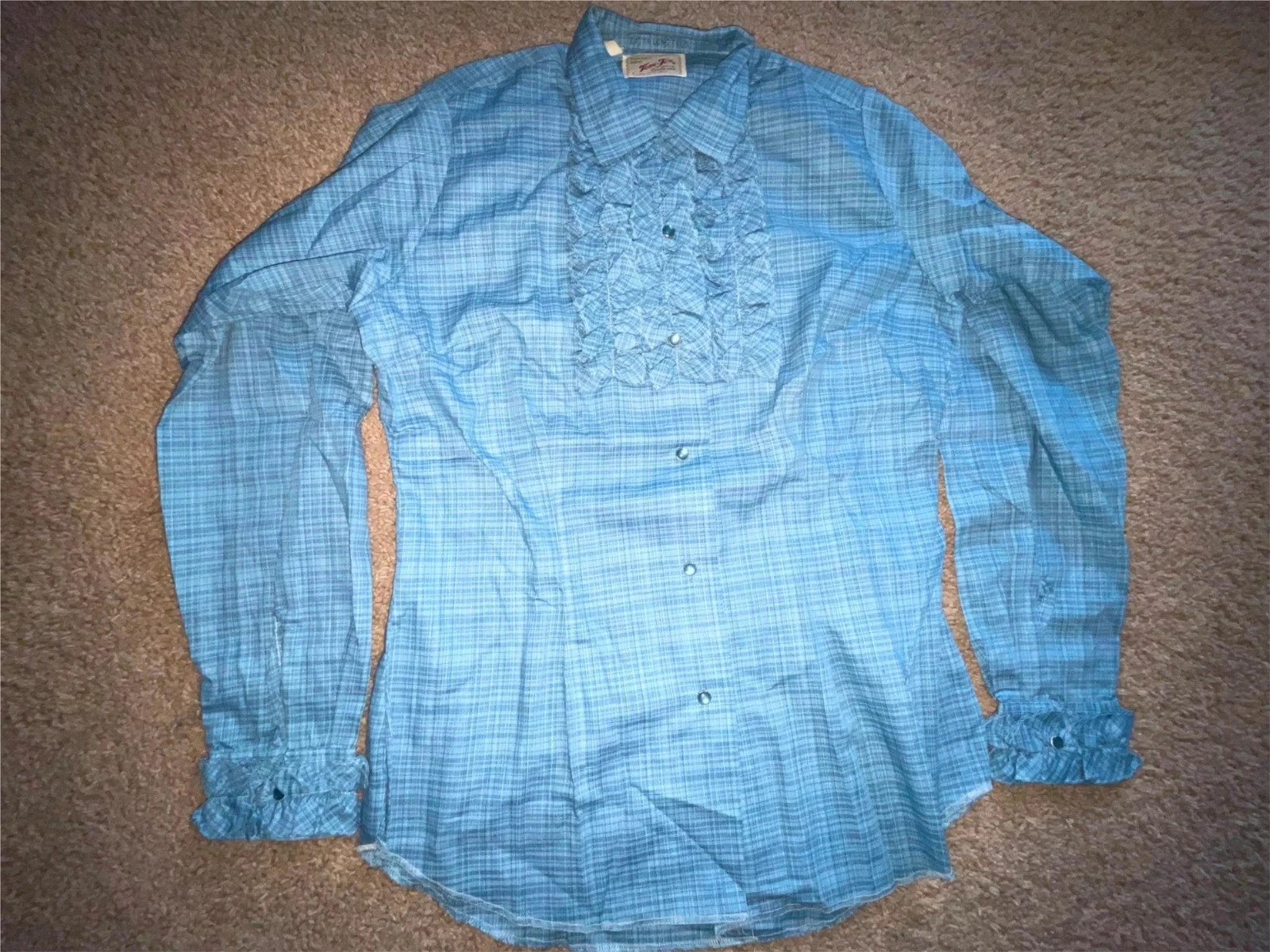 VTG 70s WOMENS XS PLAID STRIPE BROWN YELLOW BLUE TEM TEX WESTERN COWBOY SHIRT