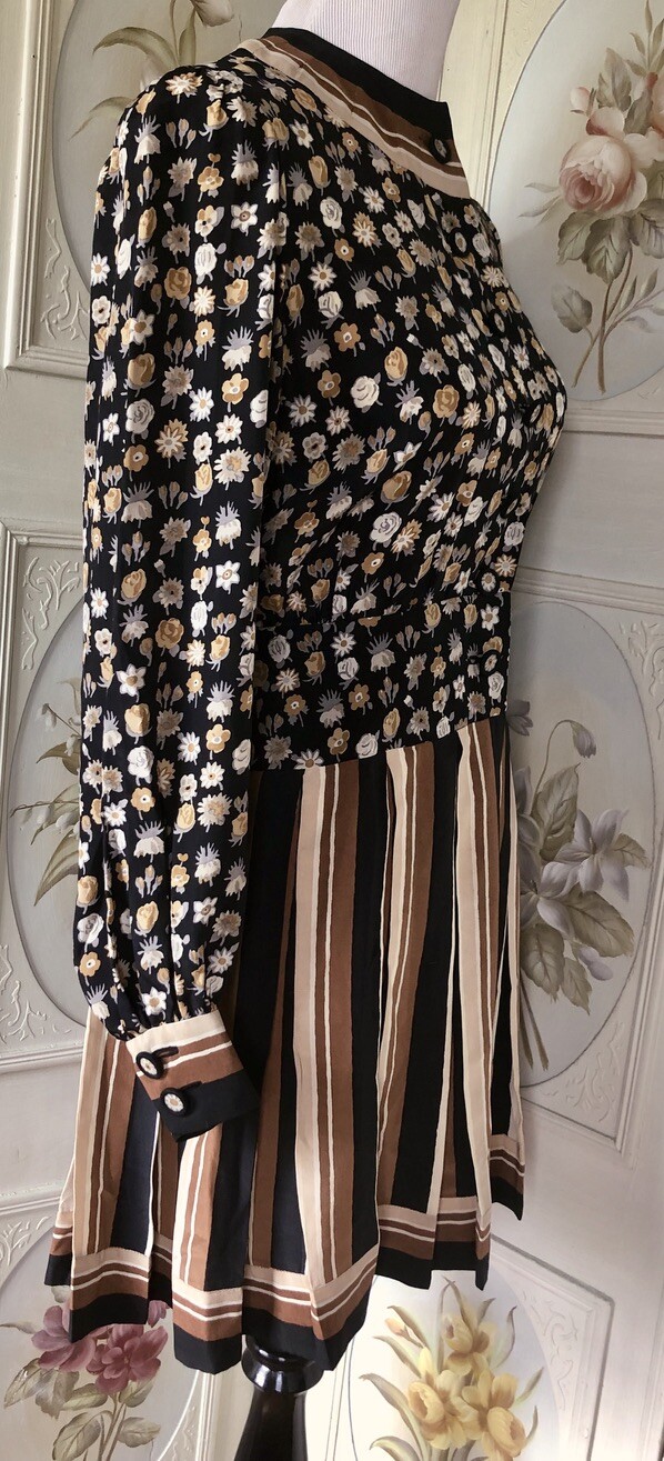VTG ARNOLD SCAASI 100% SILK MINI DRESS BLACK BROWN FLORAL STRIPE MOD TWIGGY GUC
