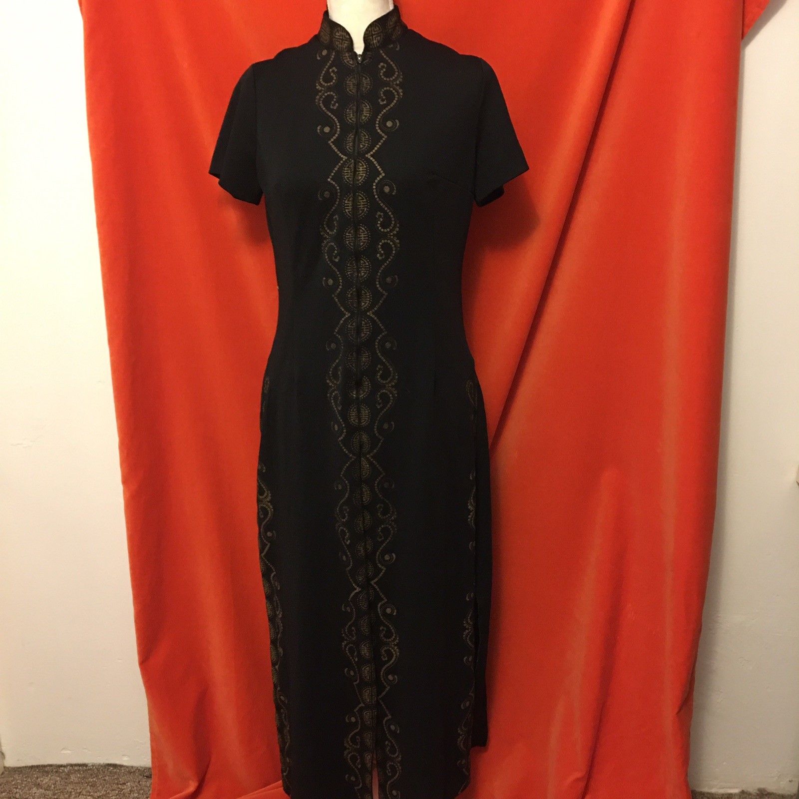 Alfred Shaheen 70s black maxi dress cheongsam style mandarin collar high cut m