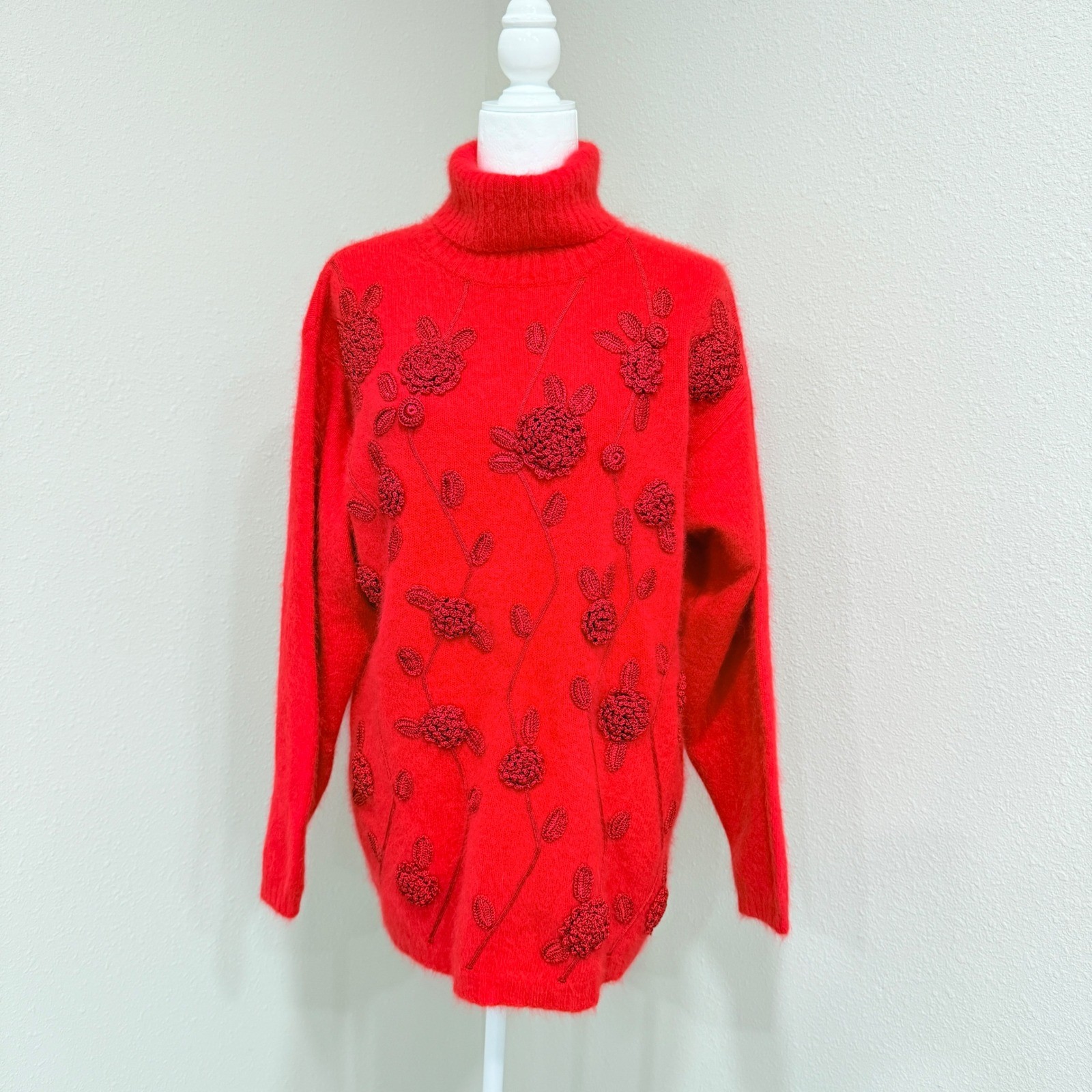 Vintage Rafaella Angora Rabbit Lambswool Sweater L Red Floral 3D Applique