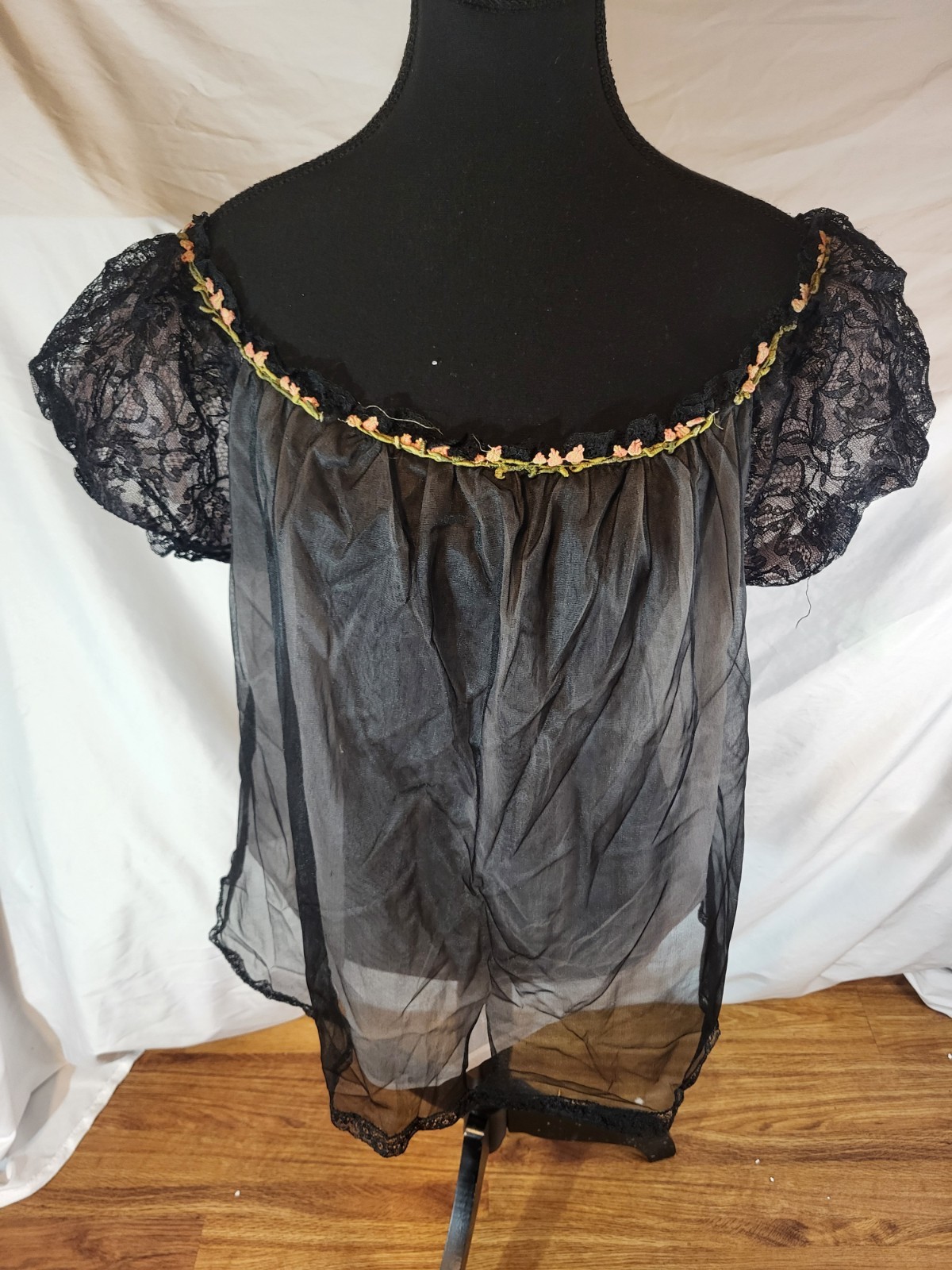 Vtge Amourelle Black Lace Nylon Babydoll Lingerie Flaw