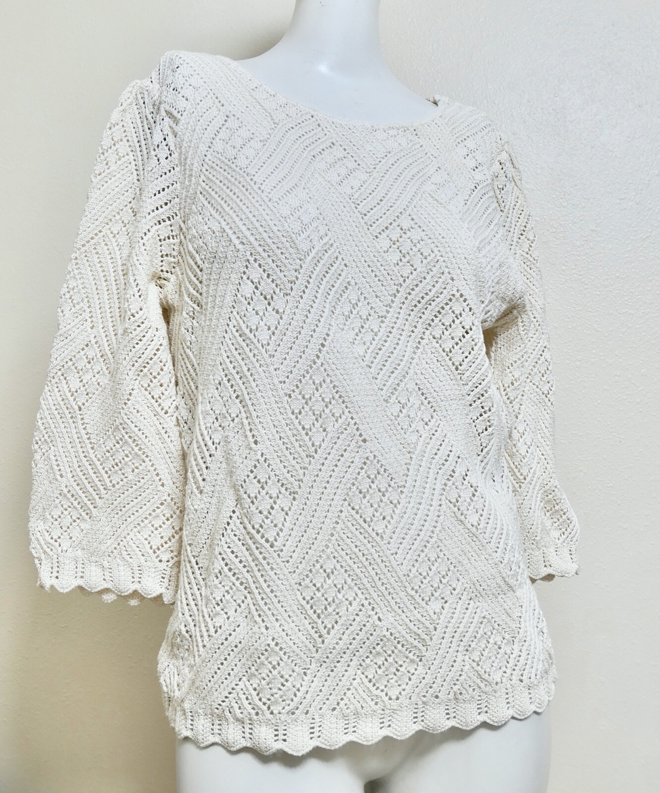 Vintage 70s beige cream cotton crochet Vivanti Sweater M