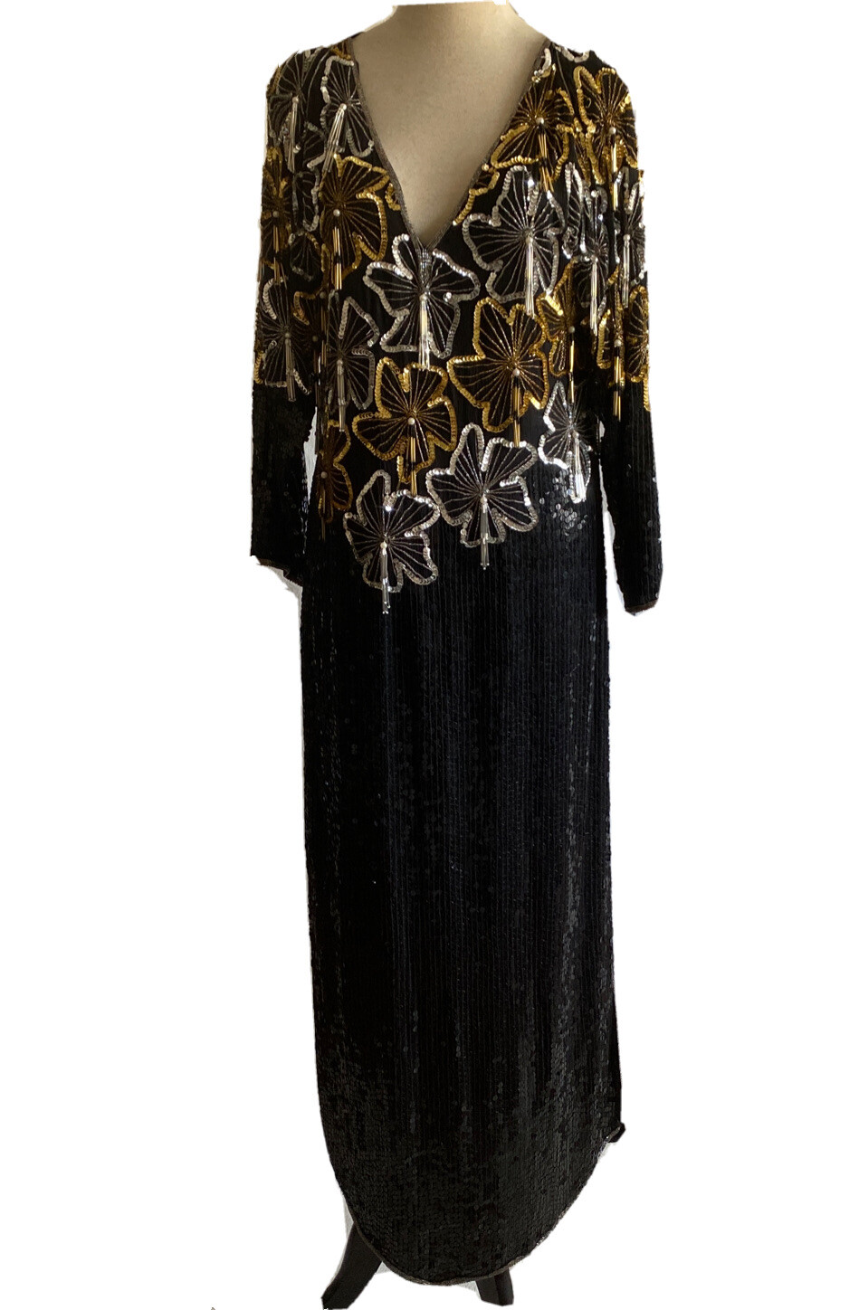 Vintage Jean for Joseph Le Bon Black Silk Sequin Dress Gold Silver 1980’s Size S