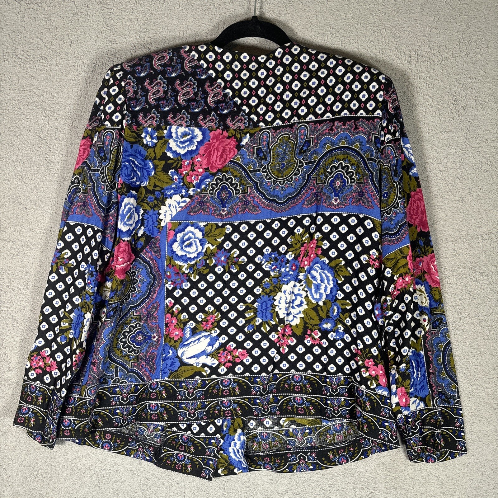 Vntg Lady Carol Of New York Blouse Button Up Paisley Floral Black Shoulder Pads