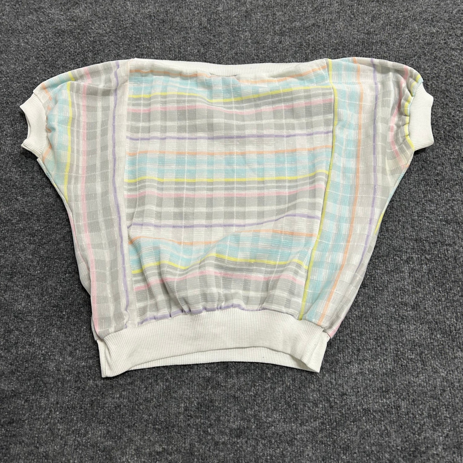 Style Plus Top Womens Size M White Pastel Plaid Dolman Knit Banded Waist Vintage