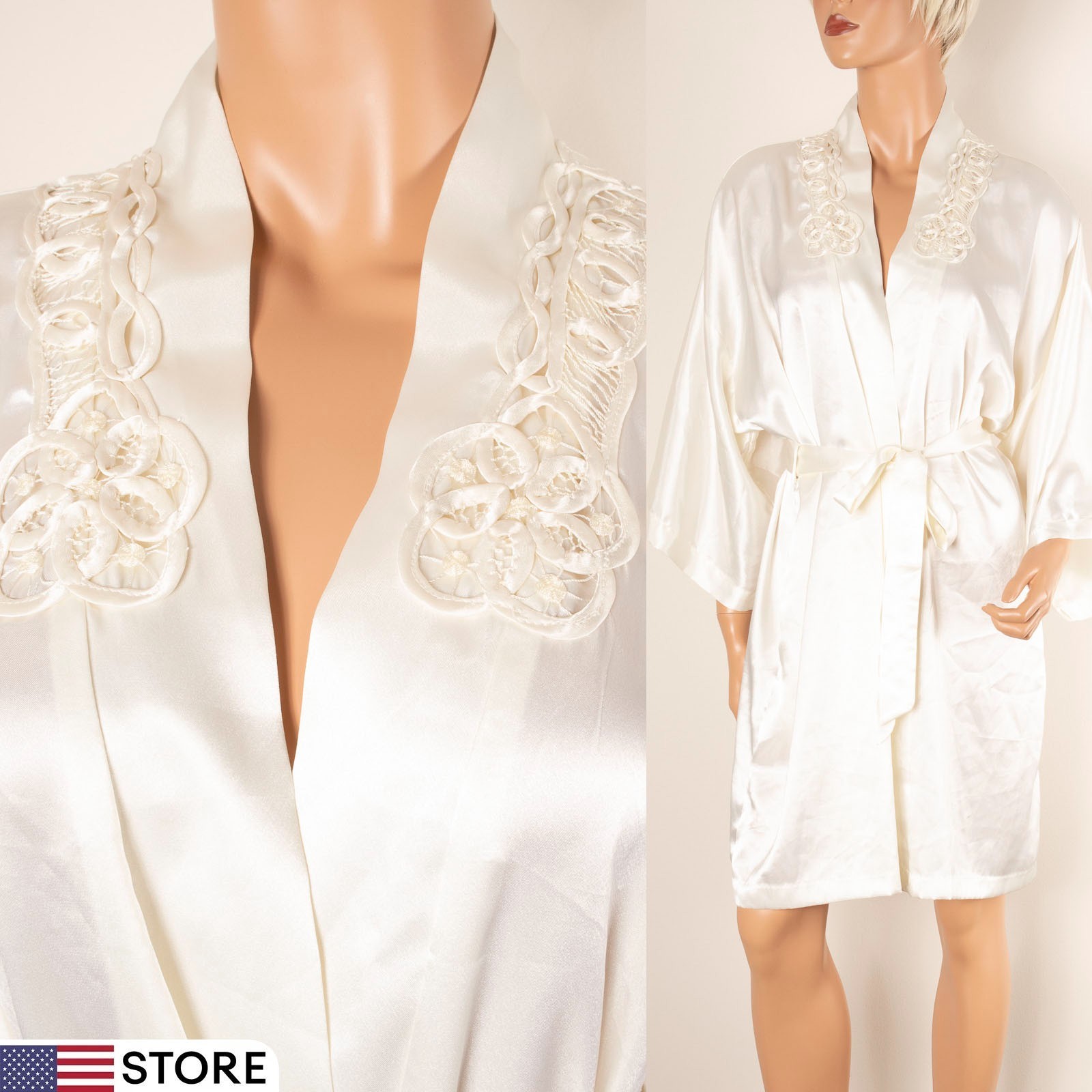 Vtg CALIFORNIA DYNASTY Cream Robe Kimono Satin Bridal Embellished Nightgown L