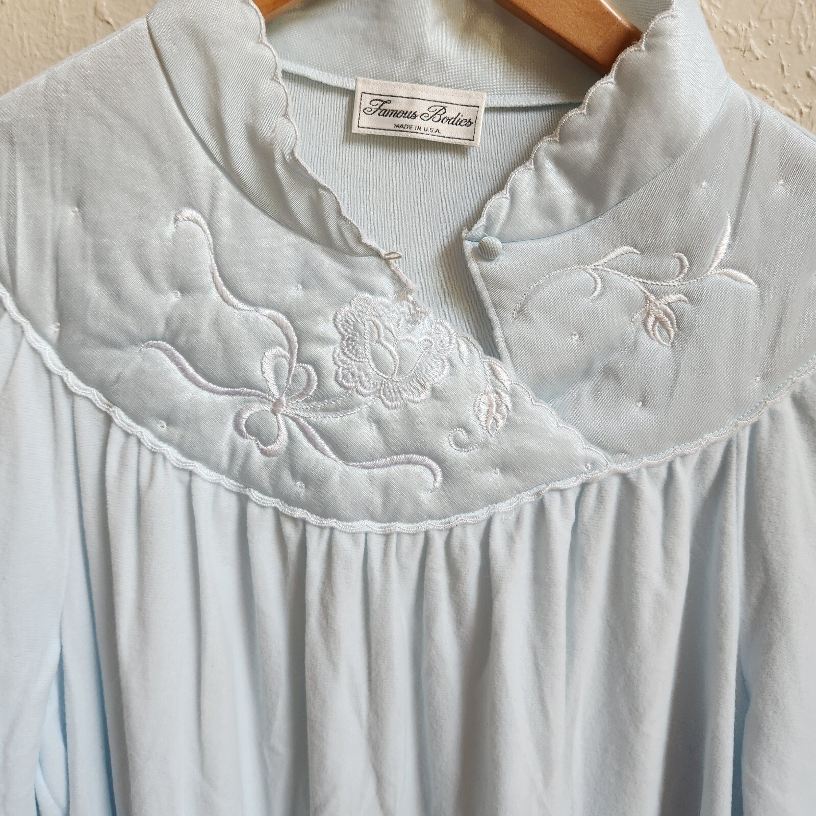 Vtg Famous Bodies Long Nightgown L Soft Blue Nylon Embroidery Sears Roebuck USA