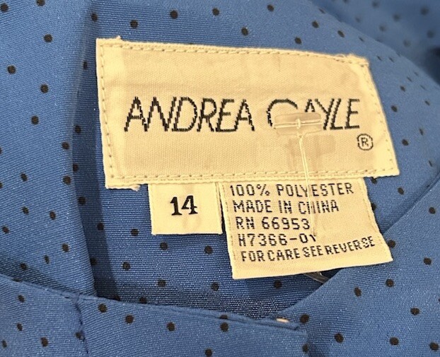 Vintage Andrea Gayle Dress Size 14 Belted Midi Royal Blue Polka Dots NEW 80/90s