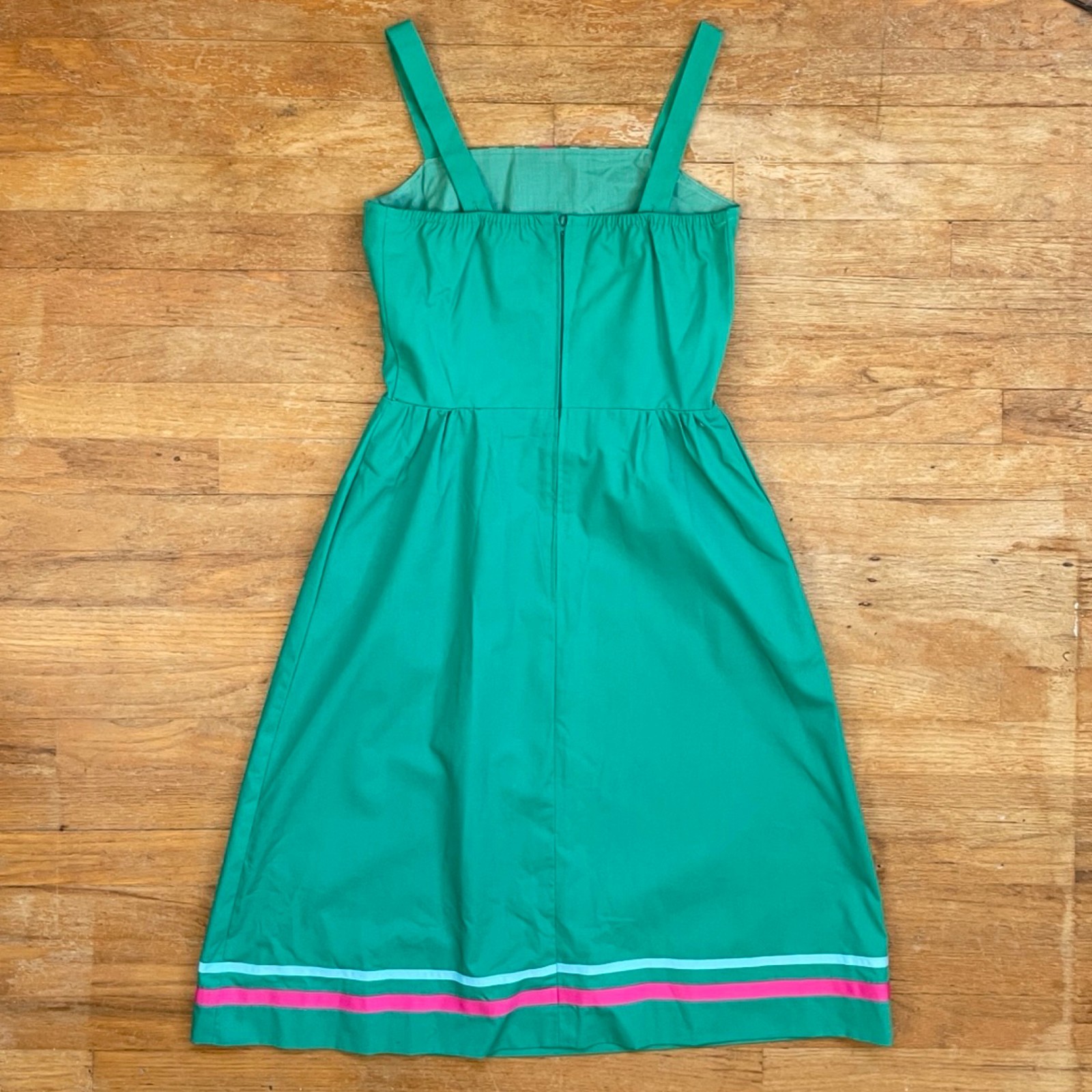 Vintage Cotton Sundress Size Small 1970s Teal Striped Sleeveless A-Line Pockets