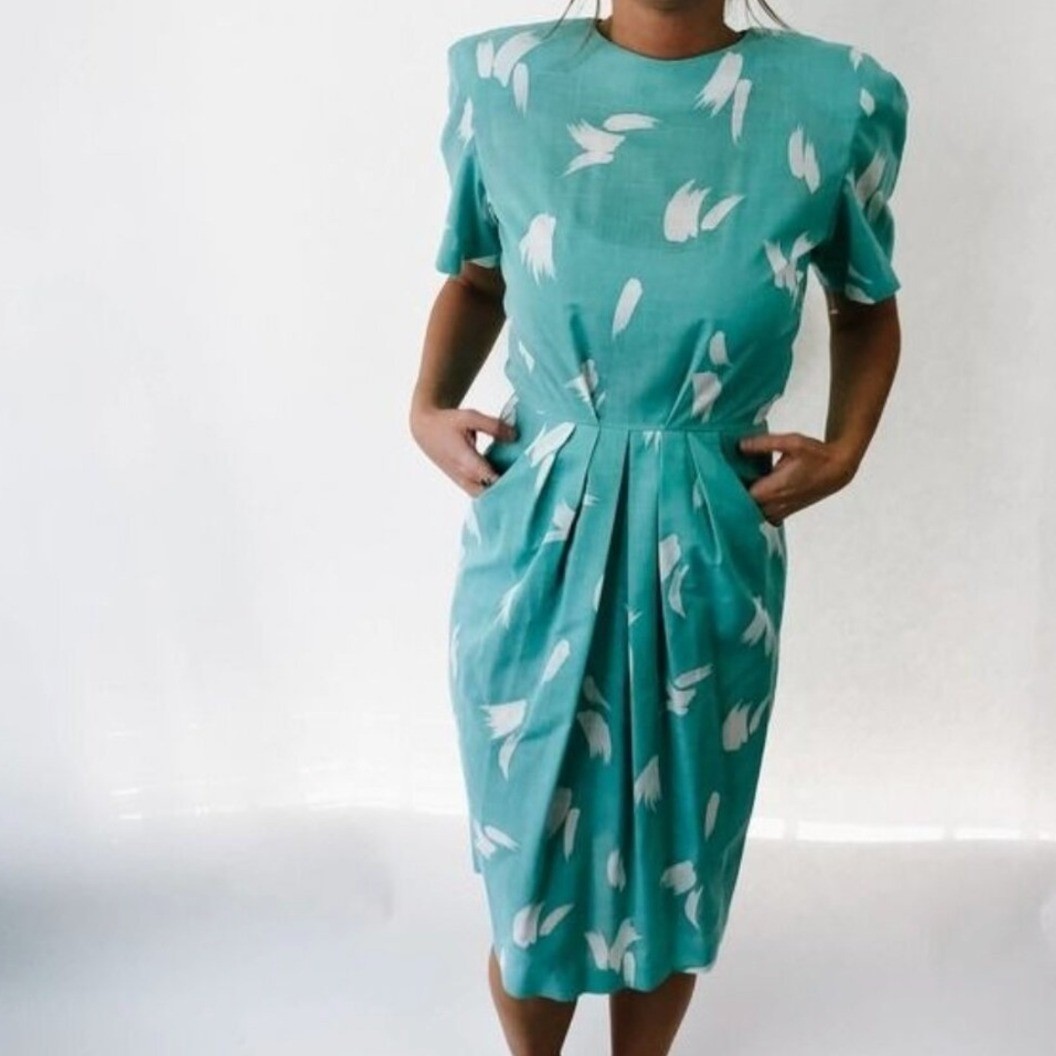 Vintage Turquoise Abstract Print Pleated Tulip Midi Dress with Pockets Teal Blue