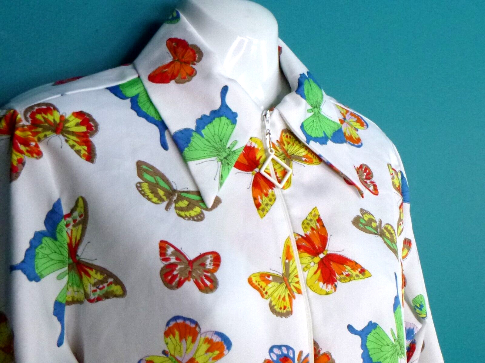 Vtg 70s NPC Fashions Zip Front Woven Poly Shirt Top Colorful Butterflies Sz 34