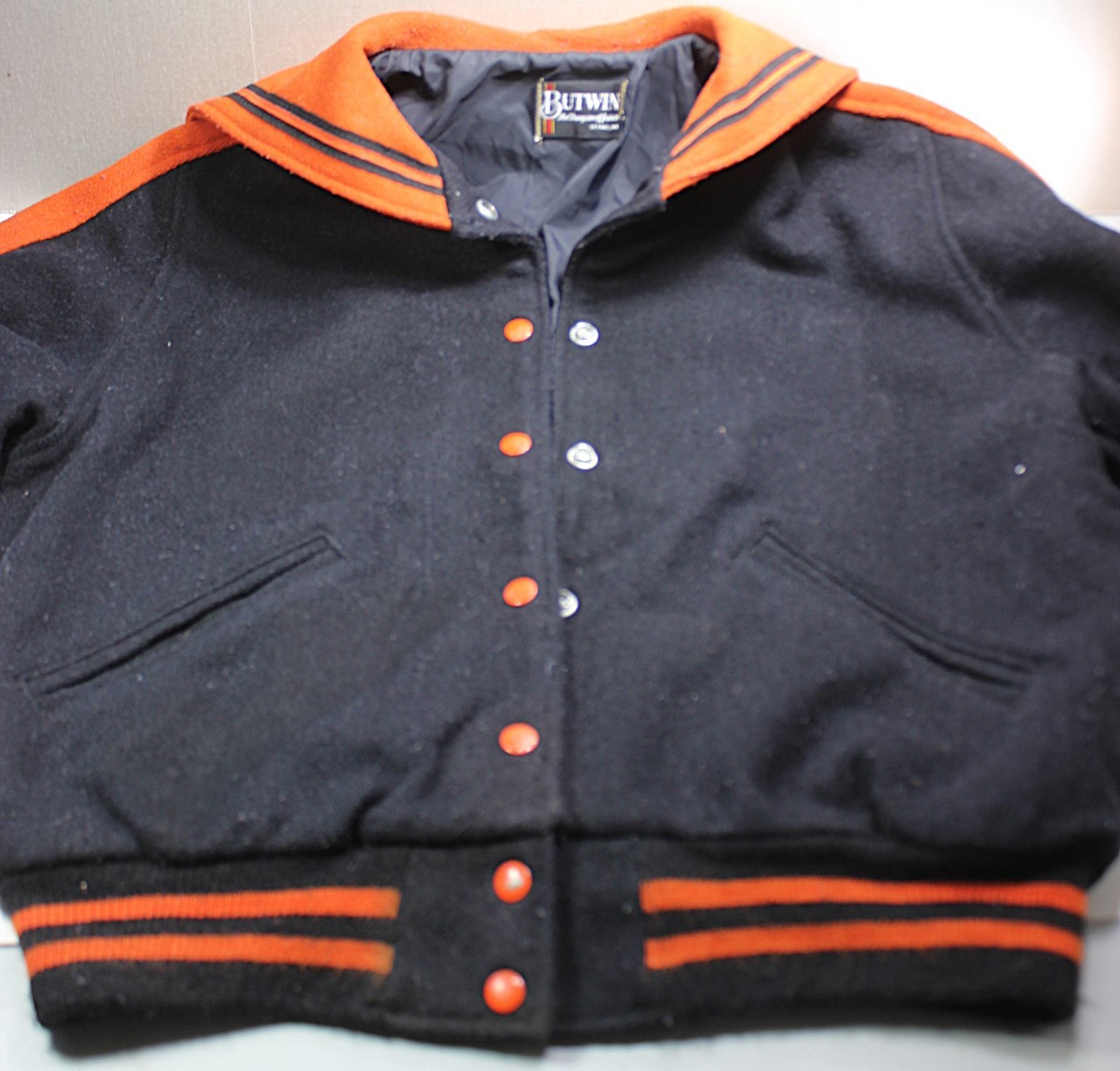 Vtg Butwin Lettermans Jacket Wool Black & Orange Sailor Collar Sz M? check meas.