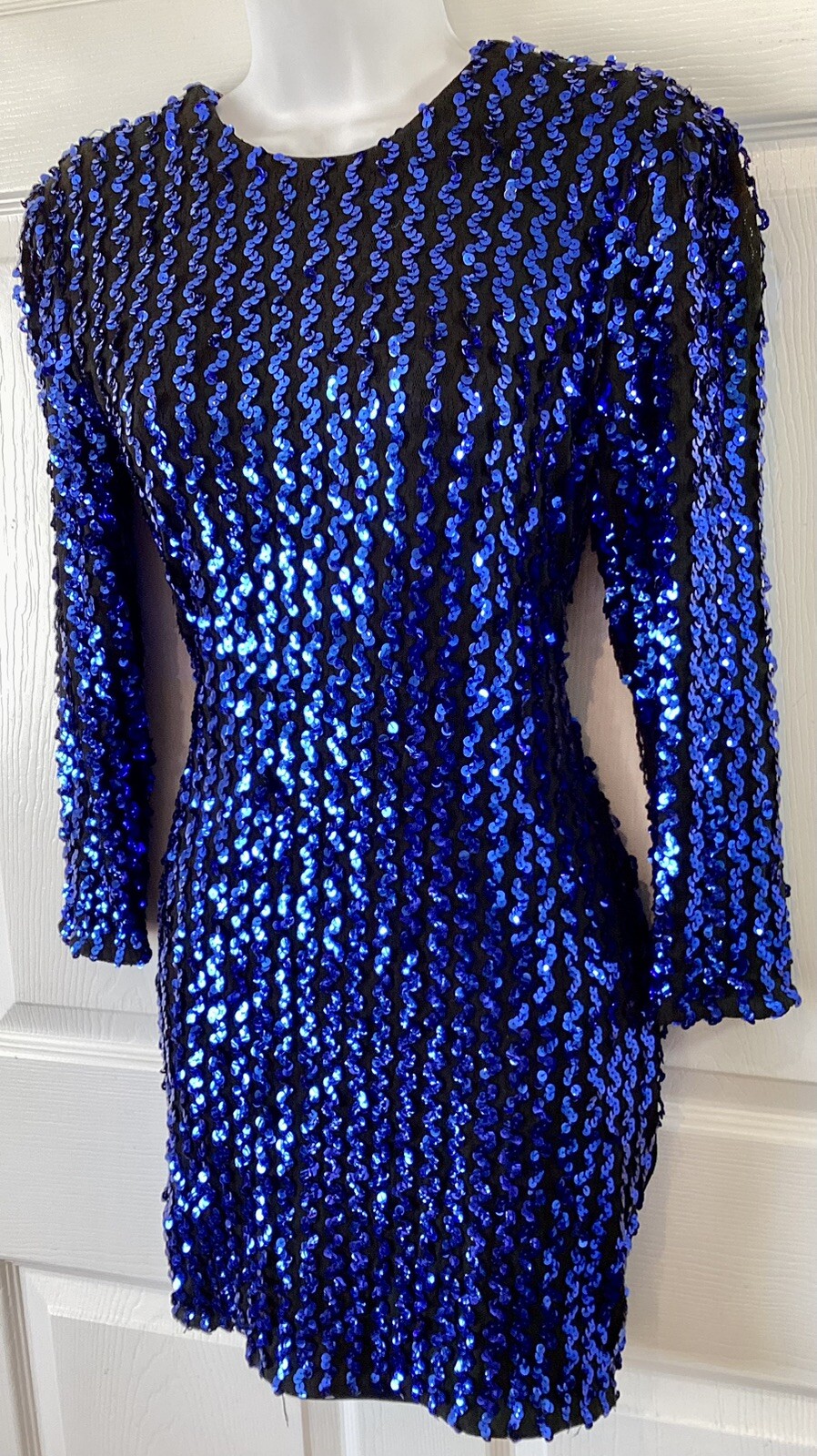 Vintage 90s Karen Okada Climax Blue Sequin Lace Long Sleeve Mini Dress~5/6