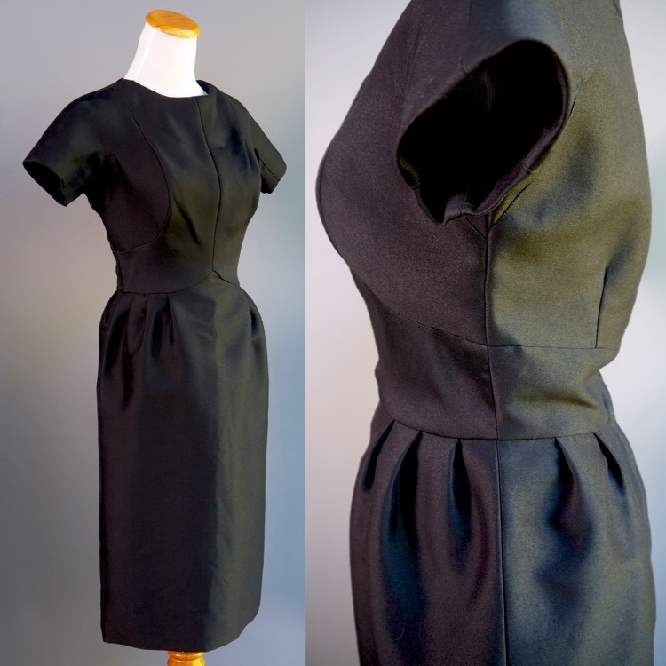VTG 50s Abe Schrader Black Shantung Silk Cocktail Dress Stunning Design & Cut S