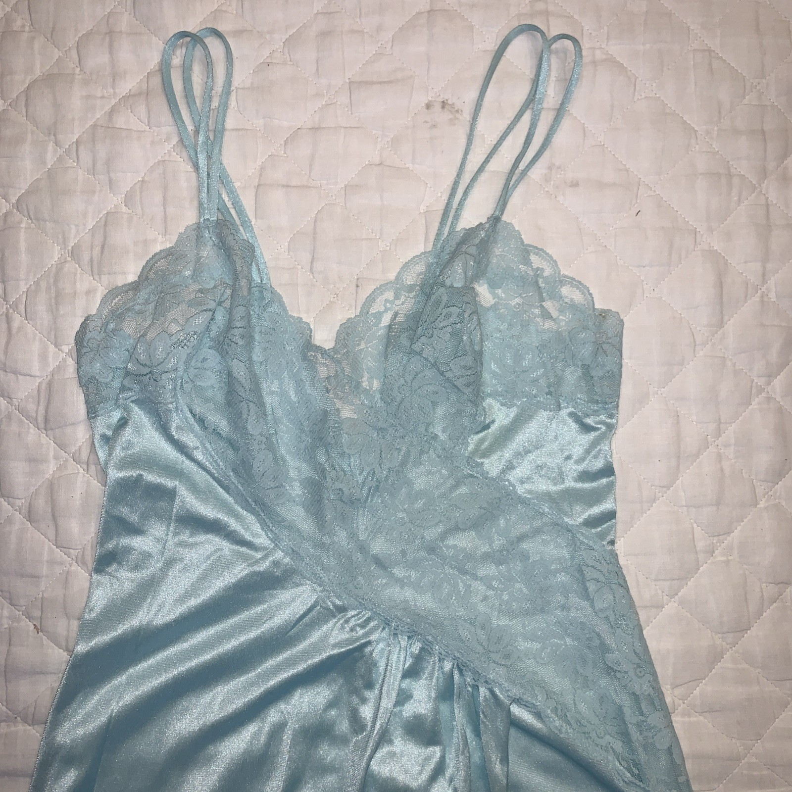 Vintage Val Mode Blue Nylon Lace Nightgown High Slit Sexy Romantic Medium