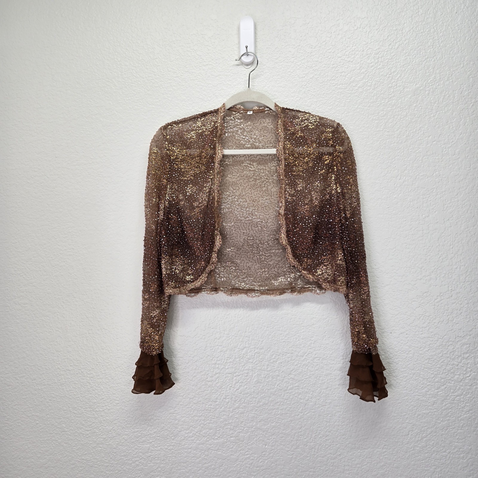 Vtg Beaded Sequin Crop Cardigan Sheer Bolero Shrug Ruffle Evening Jacket 10