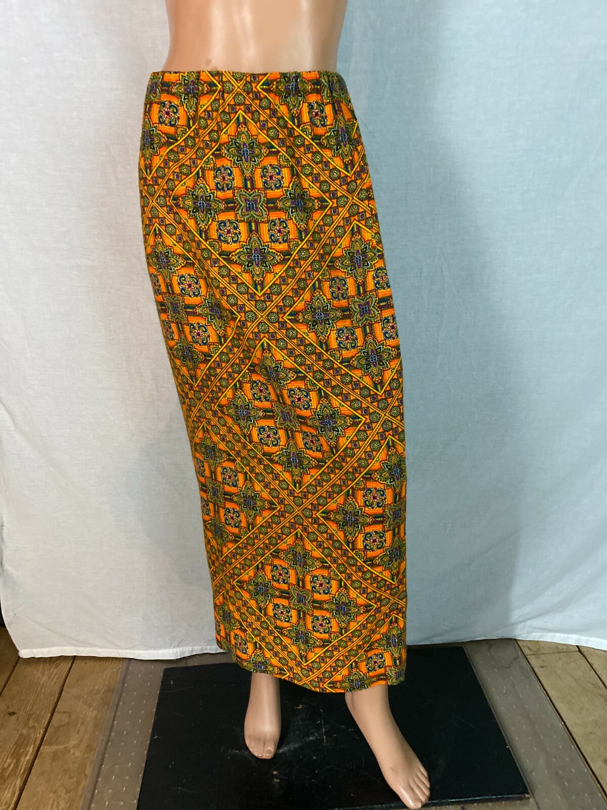 VTG 60-70s Hand Made Maxi Long Skirt Straight Psychedelic Orange Green Hippy M