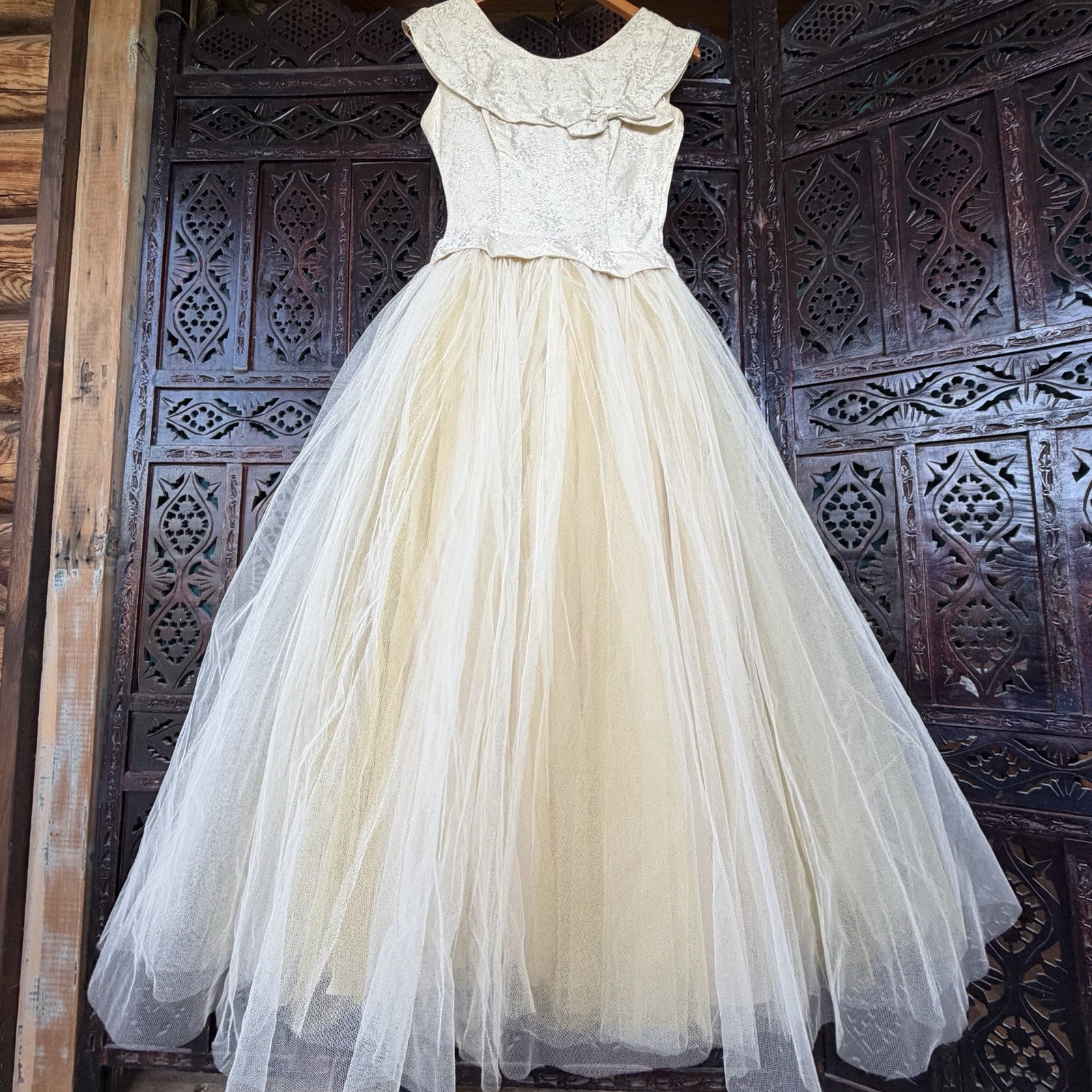 VTG 50s Cupcake Ball Gown Womens S Gold Brocade Tulle Prom Party Yellow