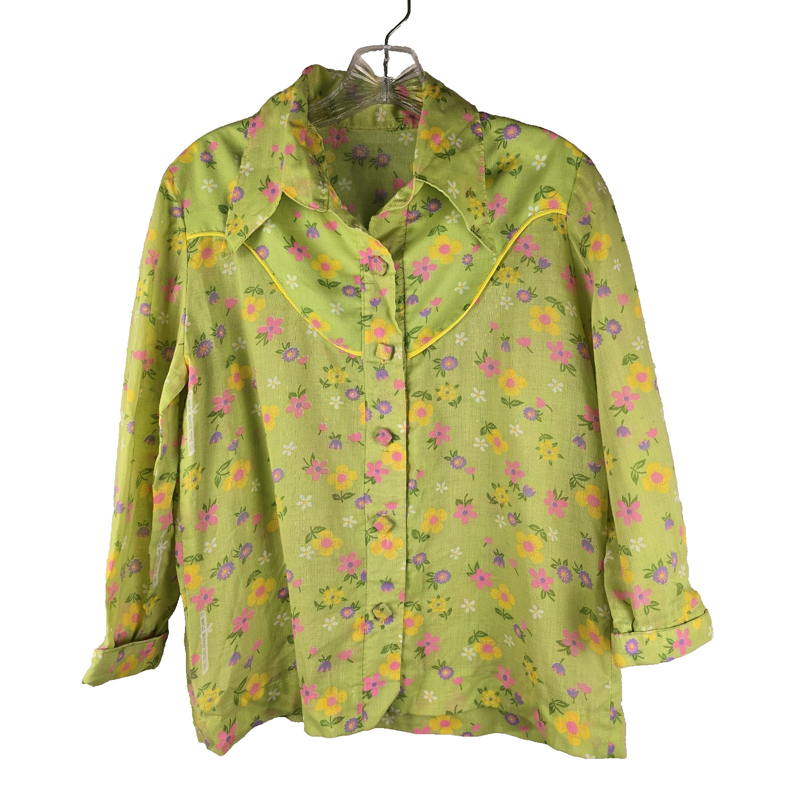 Vtg 1970s Flower Power Button Up Shirt Western Yoke Piping Green Pink Yellow