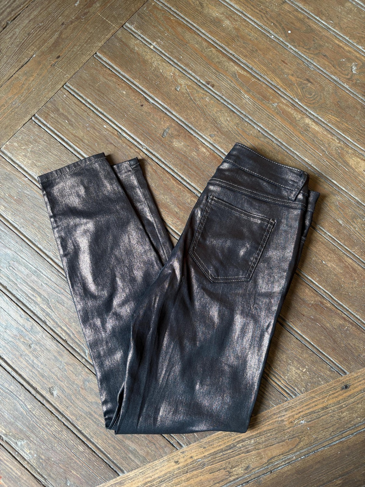 Metallic black skinny pants, Vintage Vila garment coated pants, Festive glitter