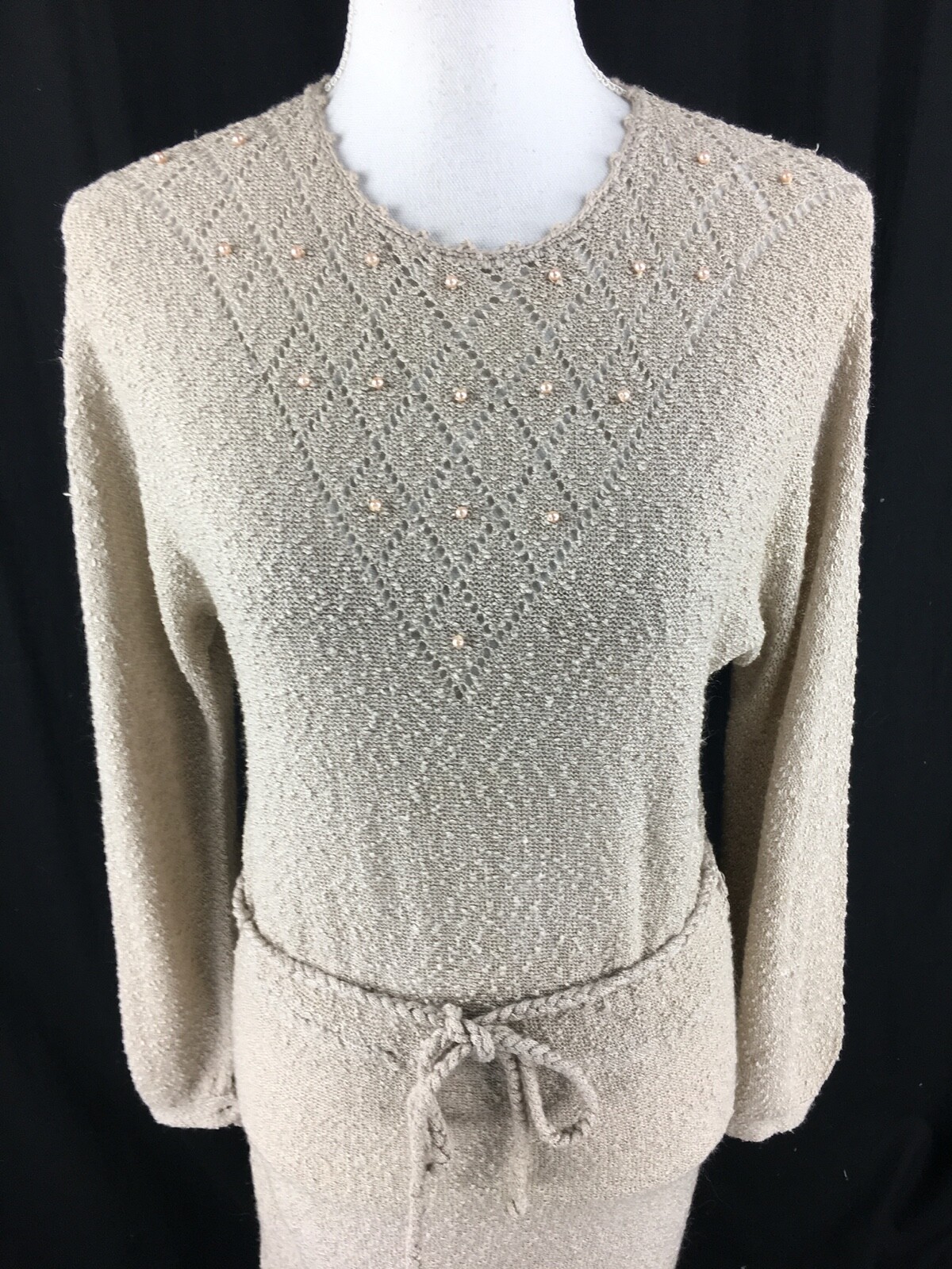VTG 70s Just Mort Nubby Sweater Dress Sz S Faux Pearl Long Sleeve Belted Boho