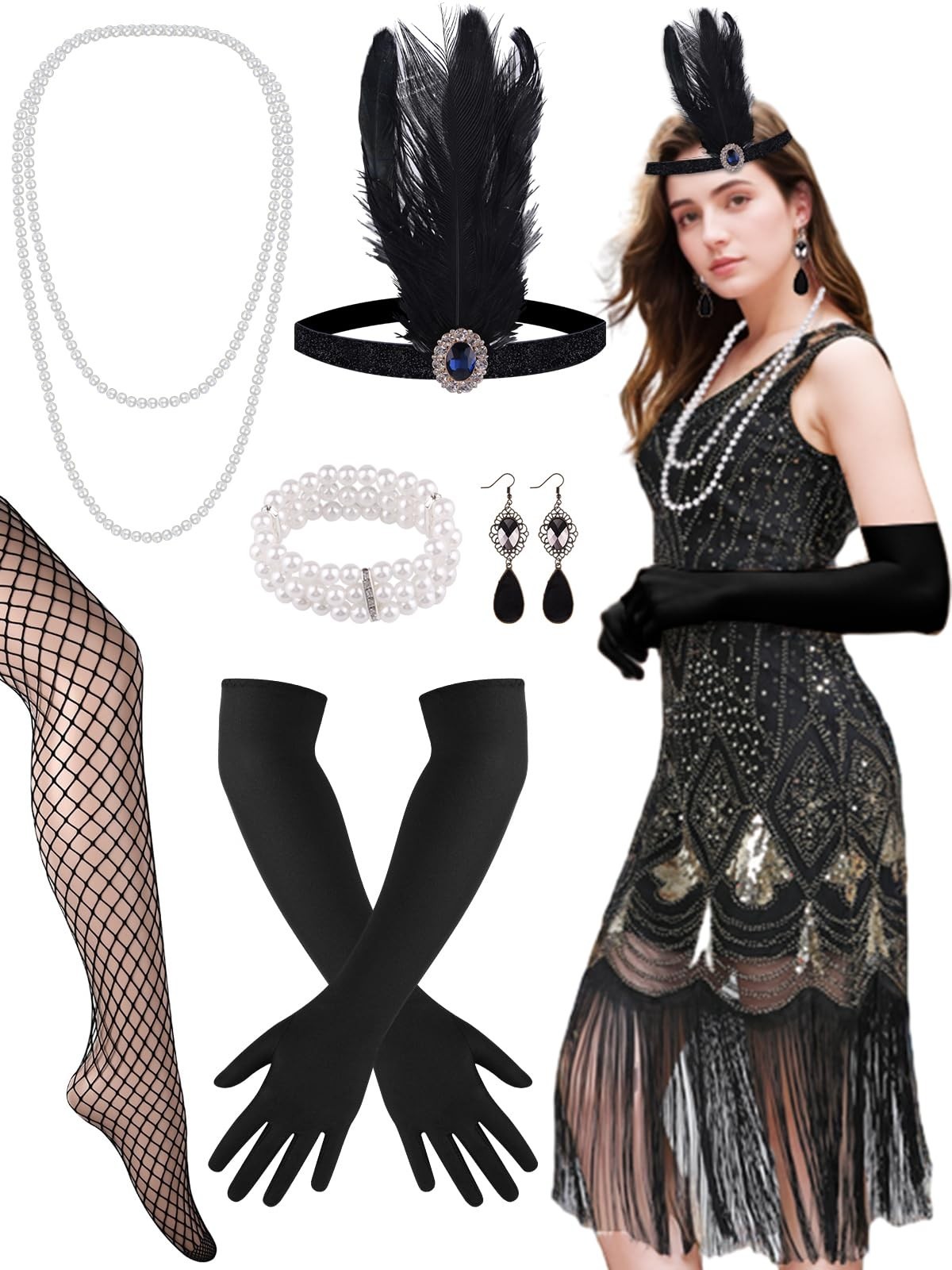 1920s Sequin Flapper Dress for Women, Gatsby Cocktail Dress with Accessories Set