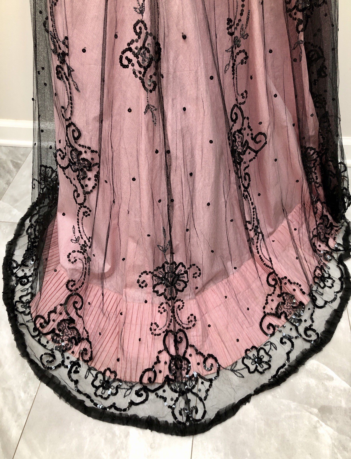 ANTIQUE VICTORIAN Early 1900s GIBSON GIRL PINK+Black JET SEQUIN BEADED 3Pc GOWN