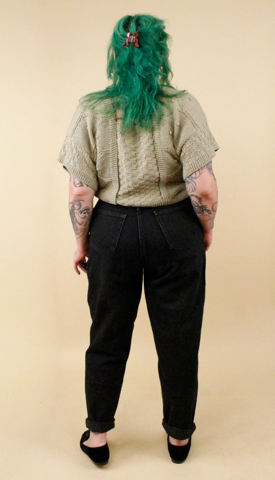80s Vtg Jeanne Marc Olive Green Knit Cotton & Woven Leather Crop Sweater tag S-L