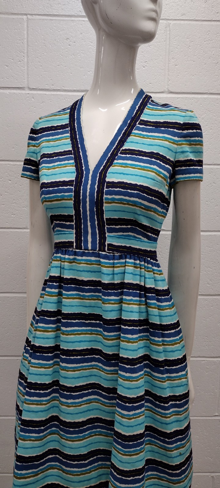 Vintage MCM Papillon Dress Audrey Style Mid Century Stripes Avocado Blue W 24″