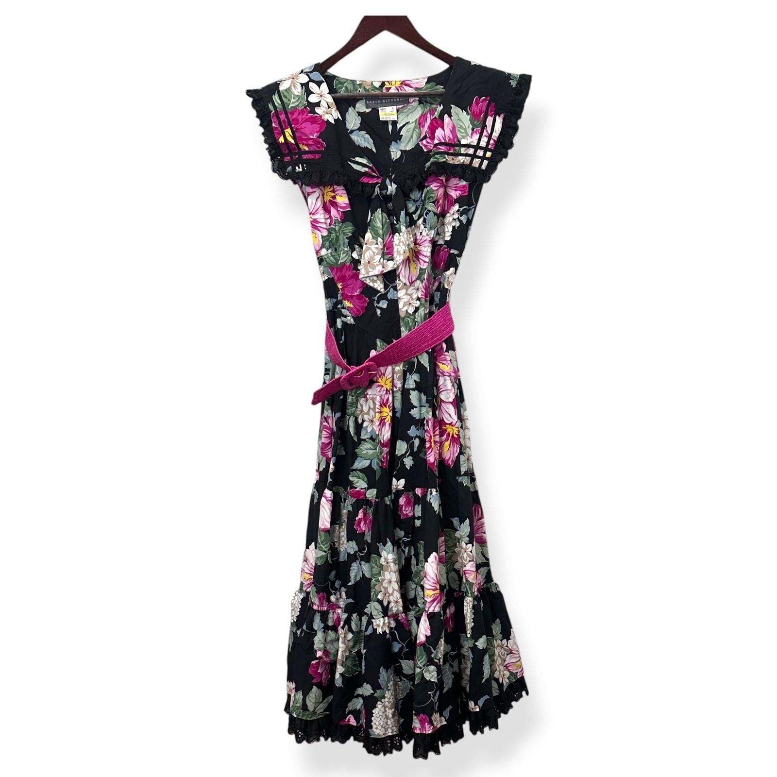 Vtg 80s Karen Alexander Midi Dress Floral Lace Trim Cottagecore Prairie Womens 4