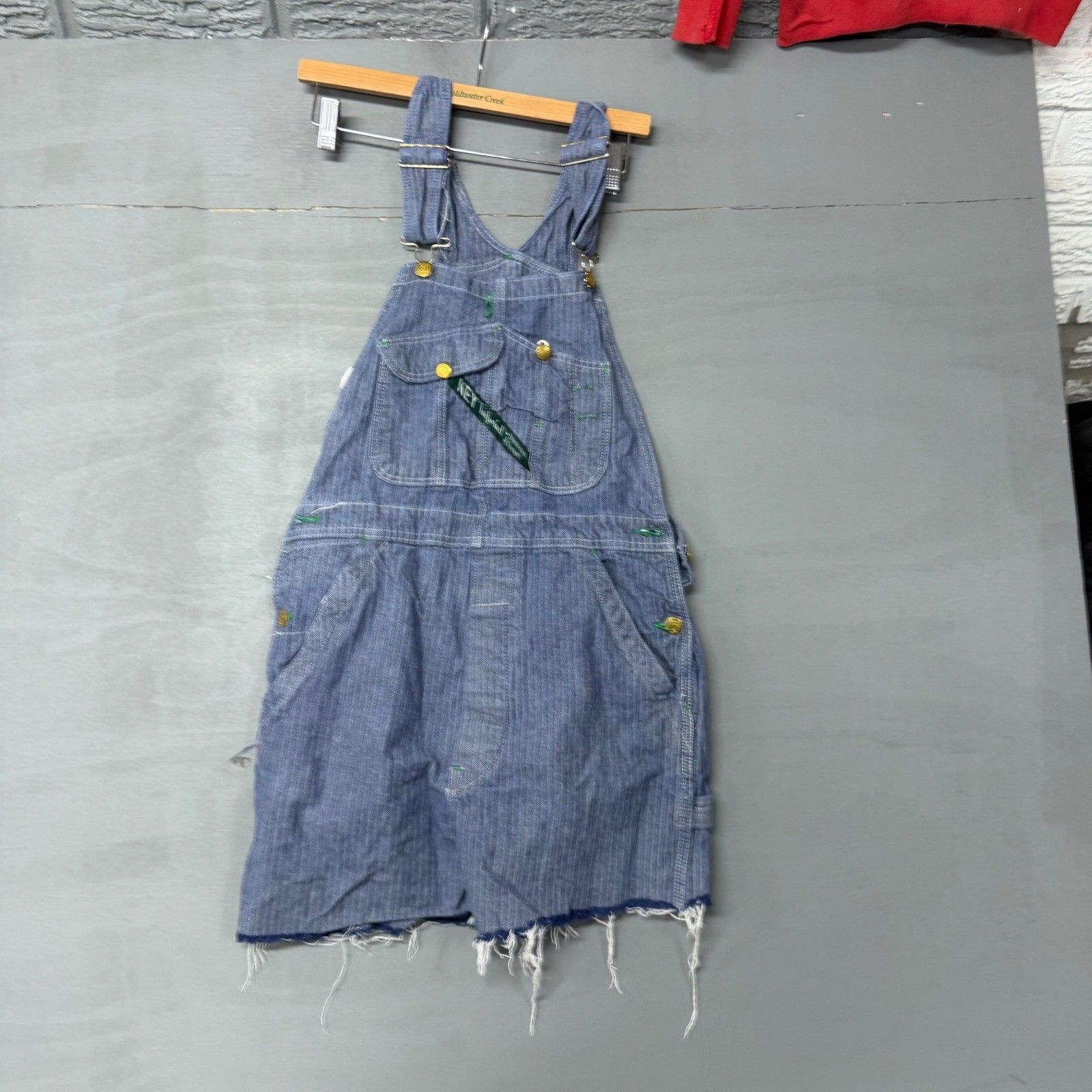 Vintage Key Imperial Hickory Stripe Denim Bib Overall Dress Raw Hem Blue White