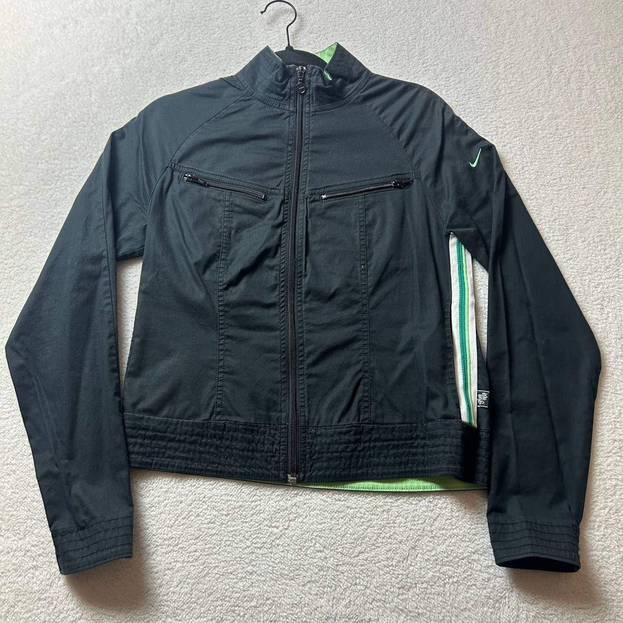 Vintage Nike Womens Athletic Track Jacket Striped Swoosh Logo Black Green Size M