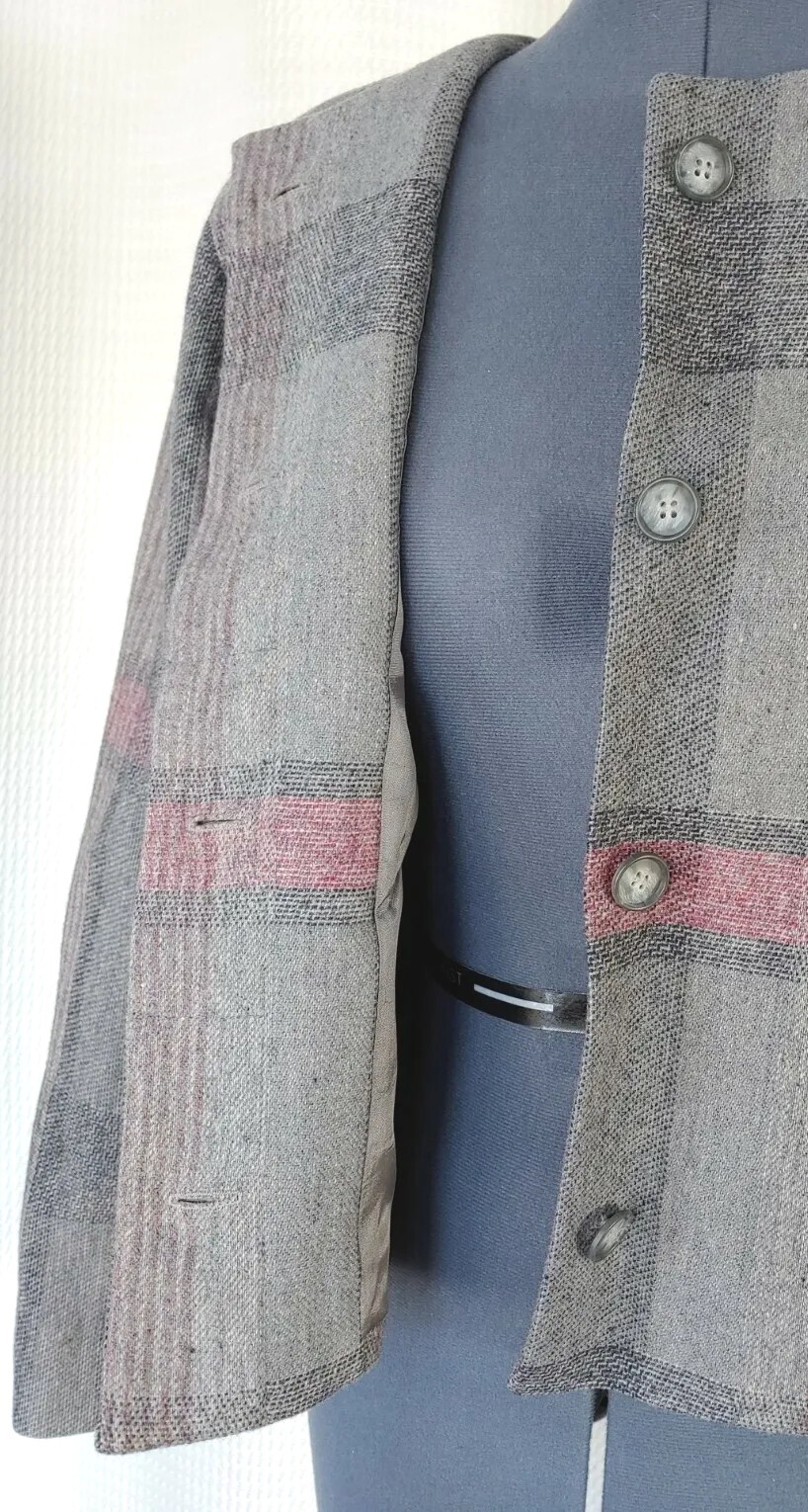 Vintage John Meyer Grey & Pink Plaid Collarless Wool Jacket Size 8